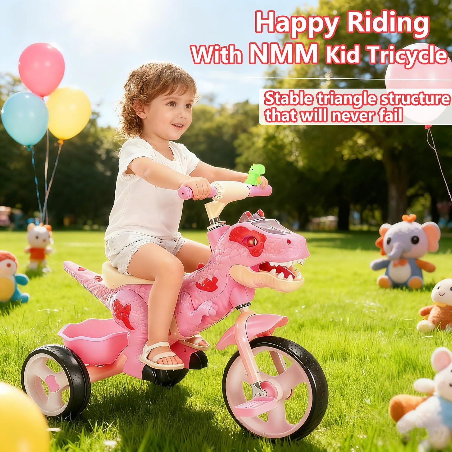 NMM Dinosaur Tricycle for Toddlers, Kids Trike with Music, LED, Tricycles for 3-5 Year Olds, for Rider, Big Wheel, Storage Basket, Horn, Toddler Bike for Boy, Dinosaur Toys for Kids 2-4 4-7