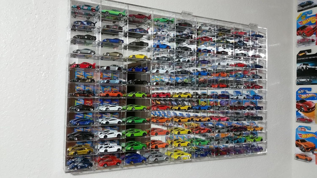 Clear Display Case Wall Cabinet for 1:64 Hot Small Toy Car Wheels Scale Matchbox Hot Toy Cars Collection Storage Display (108 Slots, 32' X 21')