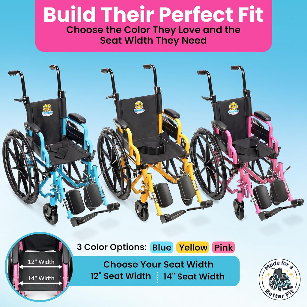Customize Your Pediatric Wheelchair - 12' or 14' Foldable Narrow Wheelchair for Kids - Fun Colors, Cushion, Seat Belt, Anti Tippers, Padded Arm and Leg Rests, Height Adjustable Push Handles