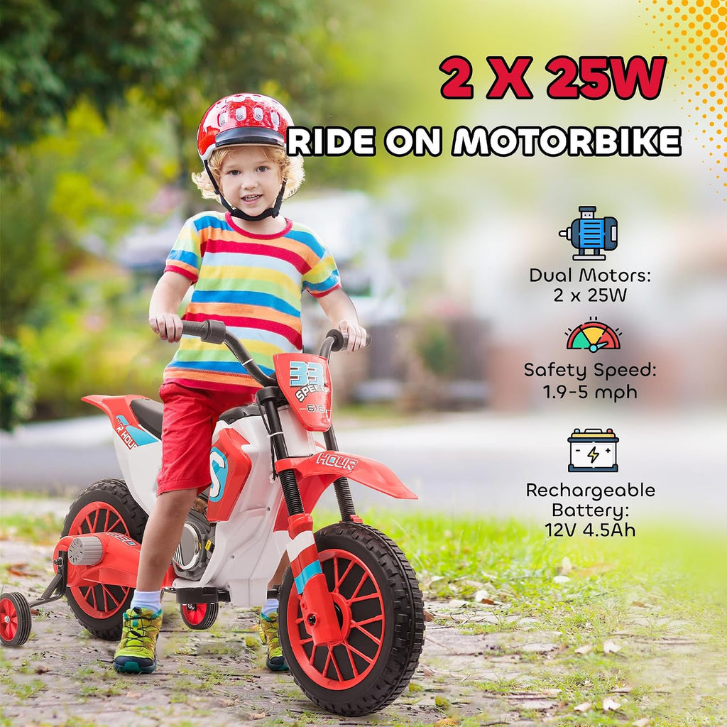 Aosom 12V Kids Motorcycle w/Treaded Tires, 5mph Top Speed Electric Bike for Kids, Ride On Motorcycle w/Training Wheels, Battery Charger, Spring Suspension, Red