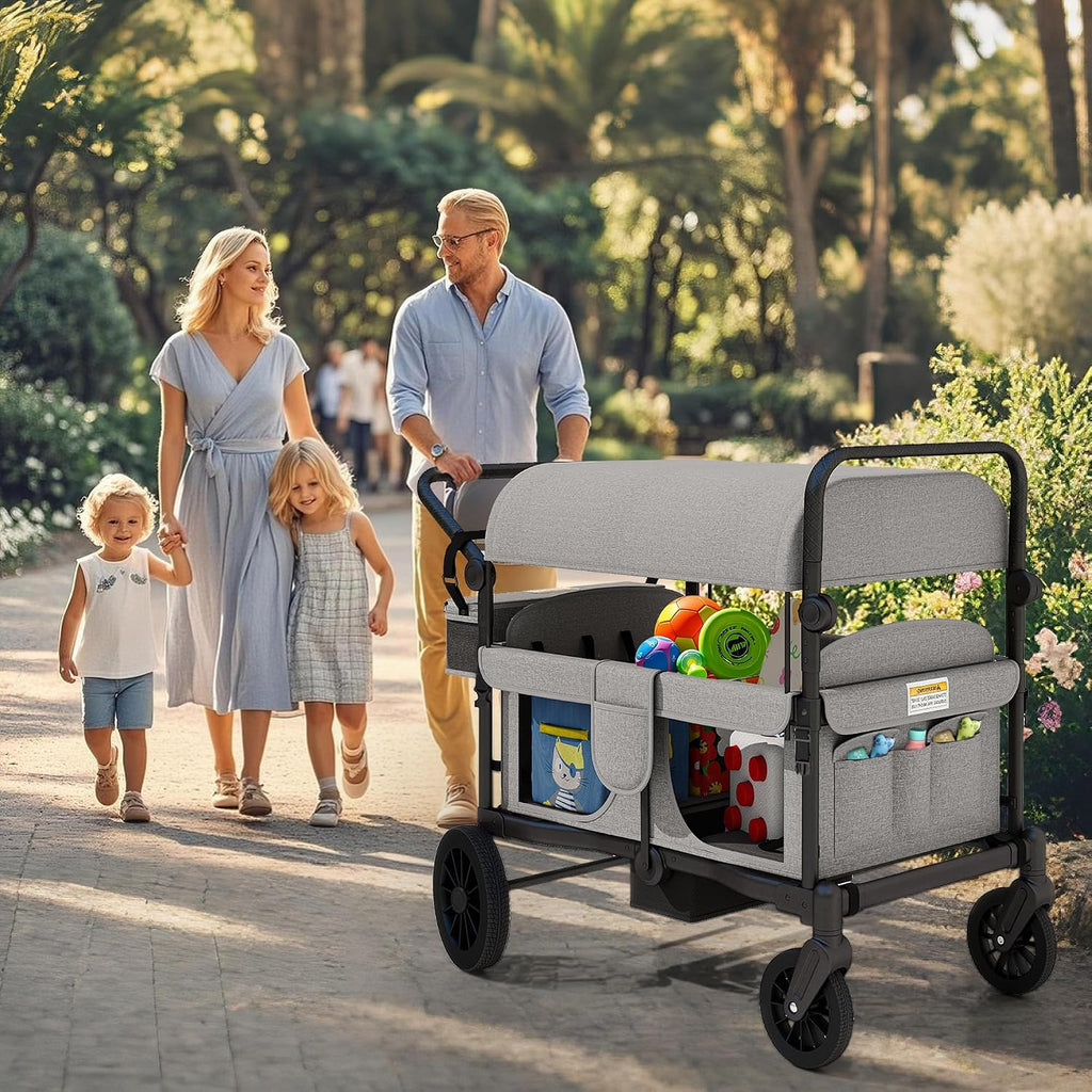 TOLEAD Wagon Stroller for 4 Kids, Foldable 4 Seats Outdoor Stroller Wagon with Canopy, Adjustable Handlebars, 5-Point Safety Harness, Detachable Tray, Portable Bag (Grey)