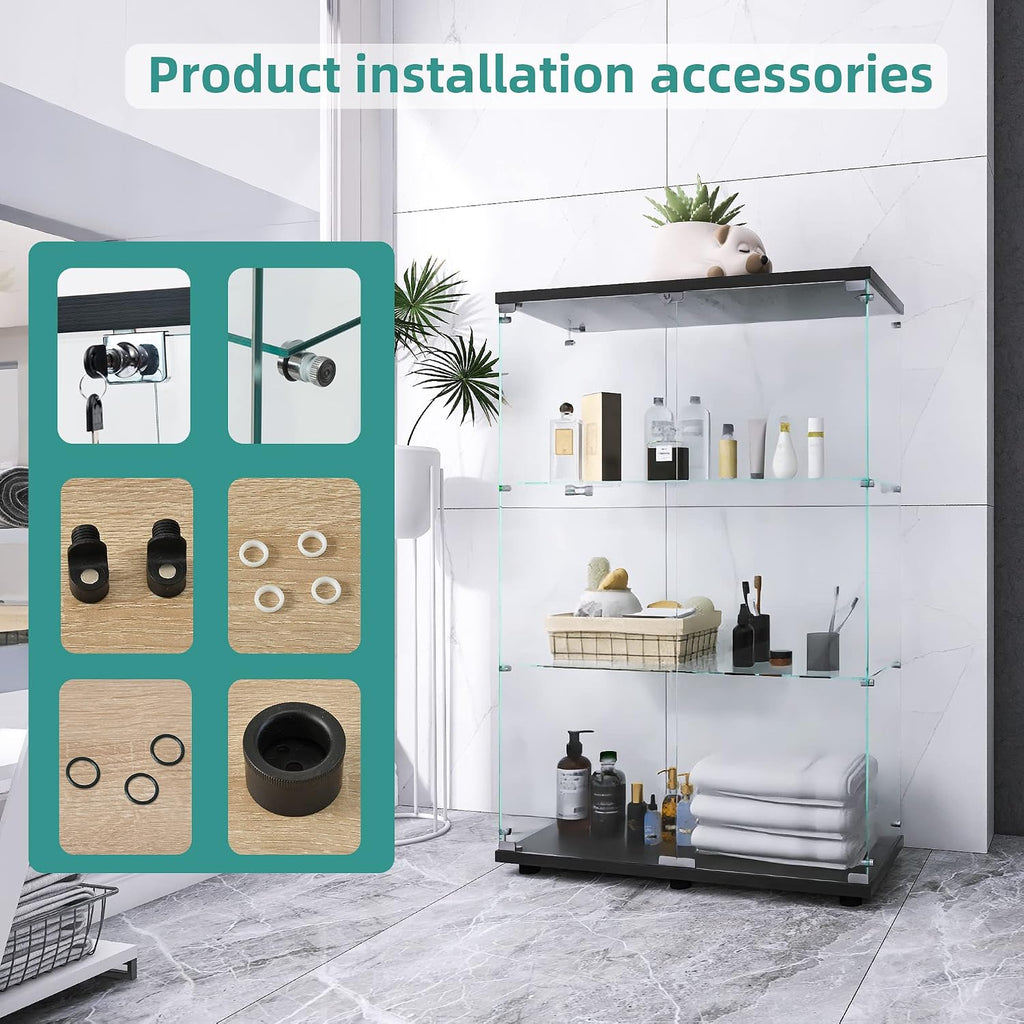 LFT HUIMEI2Y Glass Display Cabinet 3-Shelf with Double Door, Curio Cabinets Fast Installation in 30 Mins, 5mm Tempered Glass Floor Standing Bookshelf for Bedroom, Living Room 49.1'x 31.7'x 14.4' Black