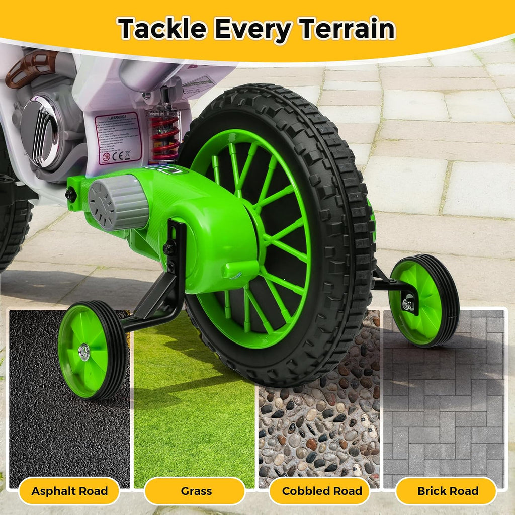 TOBBI Electric Motorcycle for Kids 12V Dirt Bike Ride on Toy Battery Powered Motorbike Off-Road Motocross Kid Motorized Vehicles w/ 2 Speeds, 35W Dual Motors, Training Wheels, Green