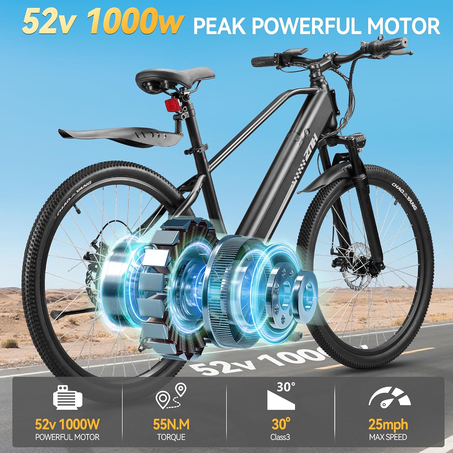 ZNH Electric Bike for Adults, 1000W Peak Motor 28MPH Mountain Ebike, 48V 13Ah Removable Battery Up to 65 Miles, 26' Electric Bicycle with 21-Speed Gear & Front Suspension, UL 2849 Certified