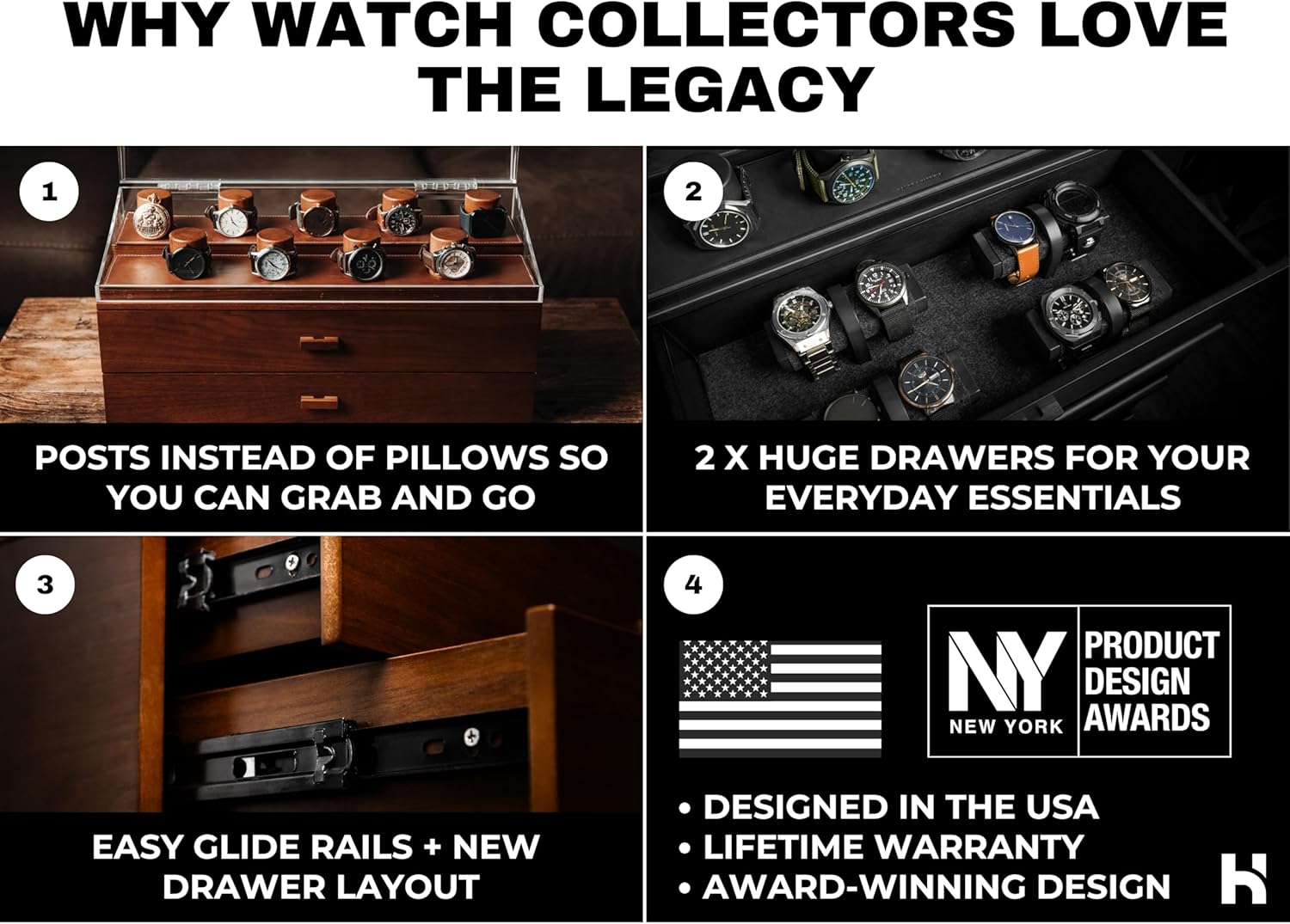Premium 17 Slot Watch Box for Men - Extra Large Wooden Watch Display Case with Hinged Cover, Leather Lining & 2 Drawers - Watch Holder Organizer Stand - Handcrafted Luxury Birthday Gift for Men