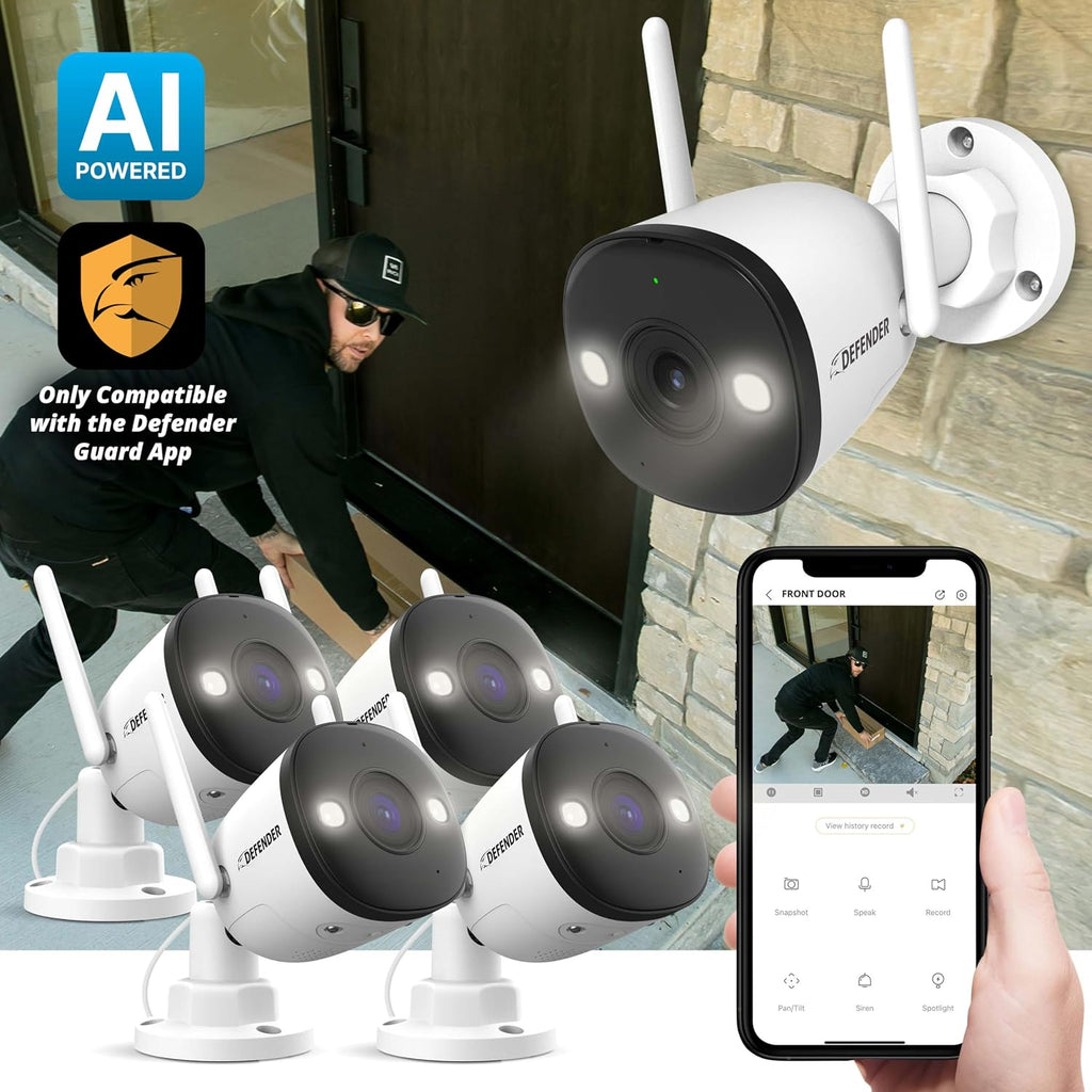 Defender AI Powered 4K Guard Pro 8MP WiFi 6, Plug-in Power Wireless Security Camera Outdoor, with Smart AI Human Detection, Bluetooth, Two-Way Talk, Works w/Guard App, 4 Pack