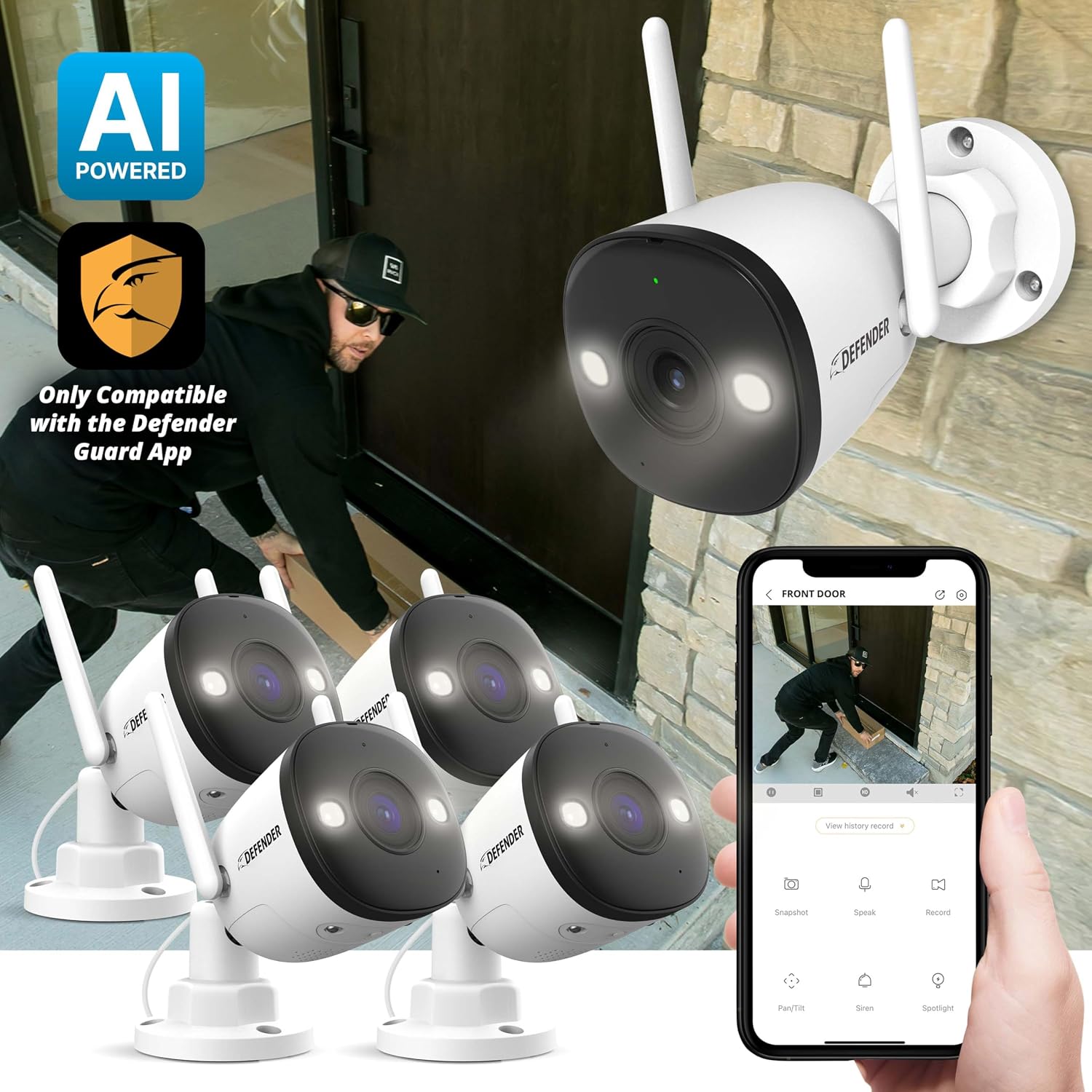 Defender AI Powered 4K Guard Pro 8MP WiFi 6, Plug-in Power Wireless Security Camera Outdoor, with Smart AI Human Detection, Bluetooth, Two-Way Talk, Works w/Guard App, 4 Pack