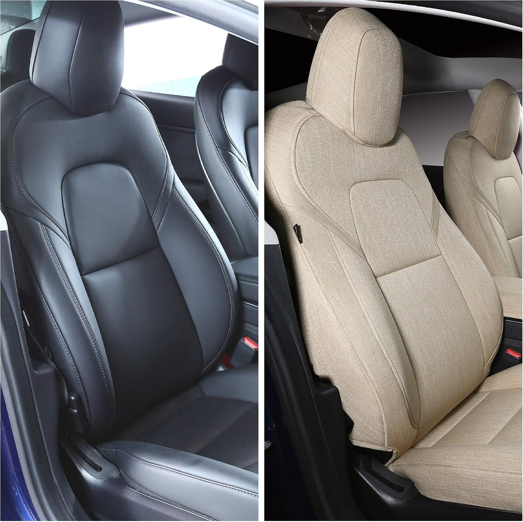 2 Front Seat Cover Custom Fit for Tesla Model 3 Model Y Synthetic Linen Car Seat Protector Cushion for Model 3 2017 2018 2019 2020 2021 2022 All Season (2 Front Beige Fabric)
