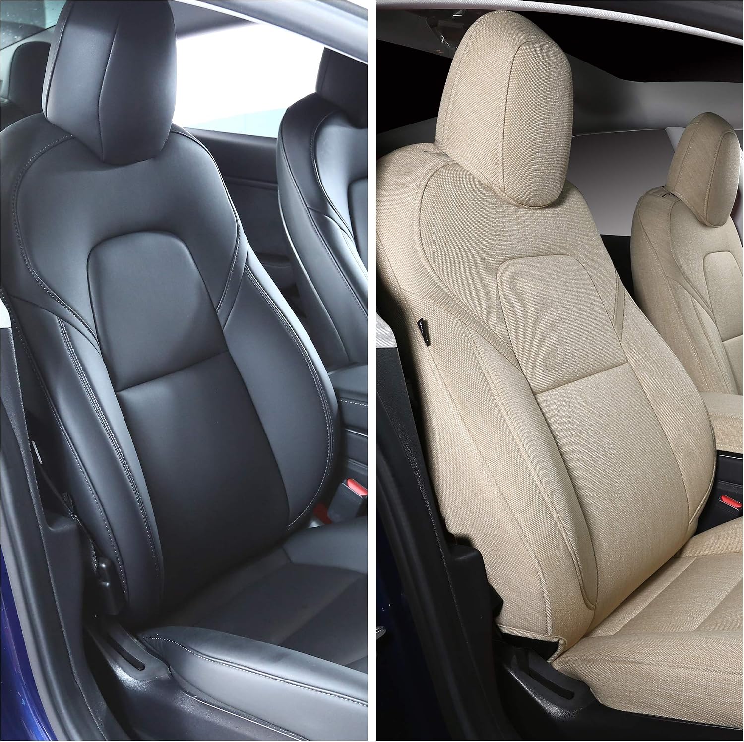 2 Front Seat Cover Custom Fit for Tesla Model 3 Model Y Synthetic Linen Car Seat Protector Cushion for Model 3 2017 2018 2019 2020 2021 2022 All Season (2 Front Beige Fabric)