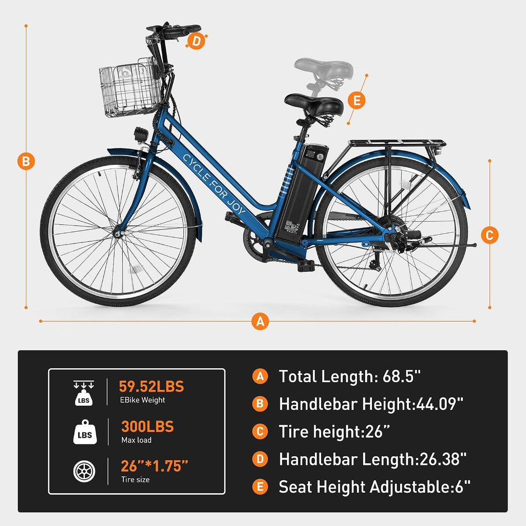 26' Electric Bike,1000W Peak City Cruiser Ebikes,20MPH 70Miles Step Thru Electric Bicycle with 48V Removable Battery,Detachable Foldable Basket,Rear Rack(TUV & UL2849)