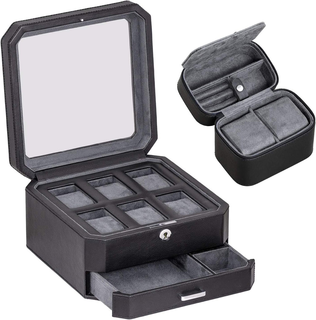 ROTHWELL Gift Set 6 Slot Leather Watch Box and 2 Watch Travel Case - Luxury Case Organizer, Microsuede Liner, Locking Mens Jewelry Watches Holder, Storage Boxes Glass Top (Black/Grey Gift Set)
