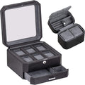ROTHWELL Gift Set 6 Slot Leather Watch Box and 2 Watch Travel Case - Luxury Case Organizer, Microsuede Liner, Locking Mens Jewelry Watches Holder, Storage Boxes Glass Top (Black/Grey Gift Set)