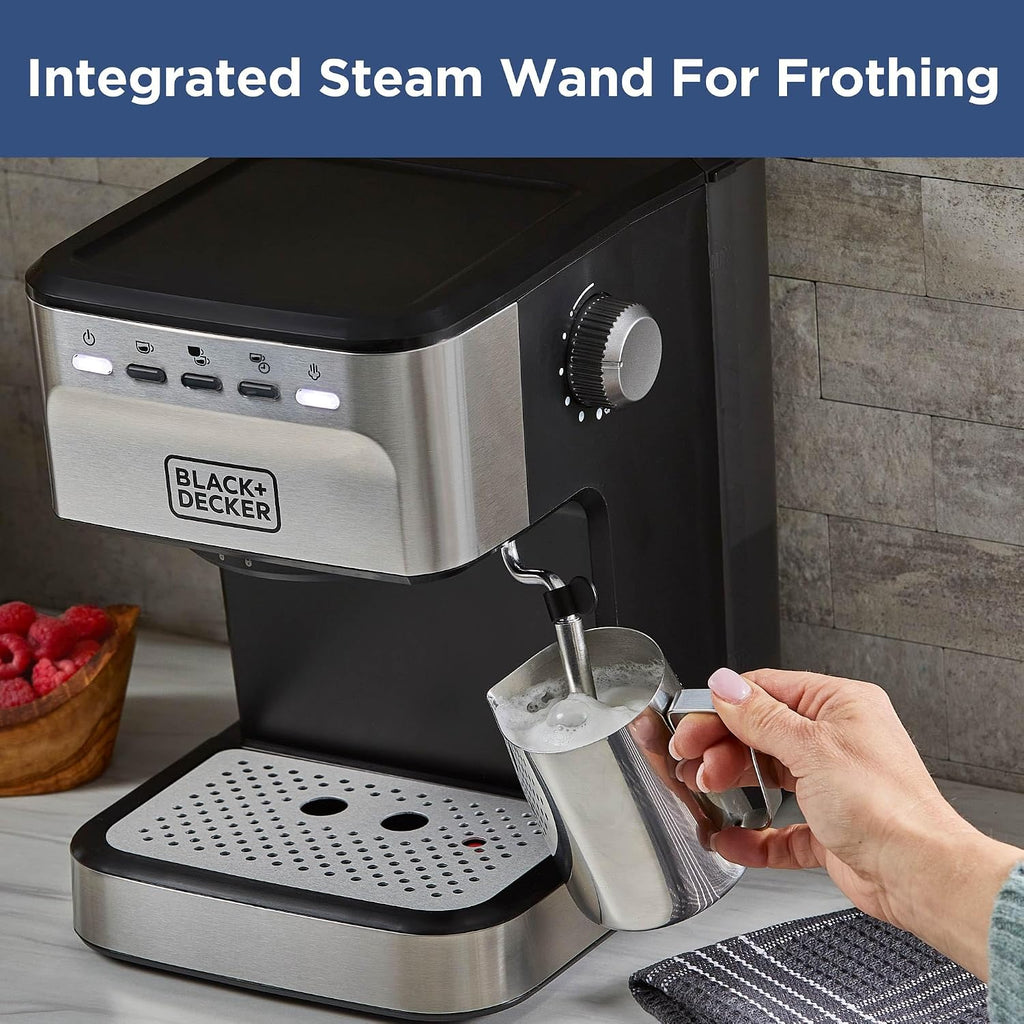 Black+Decker Semi-Automatic 15 Bar Espresso and Cappuccino Maker, Versatile Machine with Ability to use Grounds or ESE Pods to Make Your Perfect Cup of Coffee
