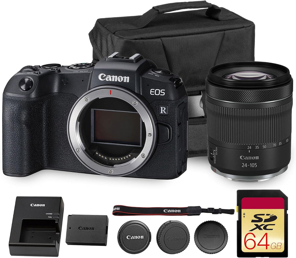 Canon EOS RP Mirrorless Camera| 26.2MP Full Frame Sensor| 4K Video Recording| Lightweight Compact Camera for Travel and Everyday Content Creation (3380C002) + Canon RF 24-105mm Lens + 64GB Card + Bag