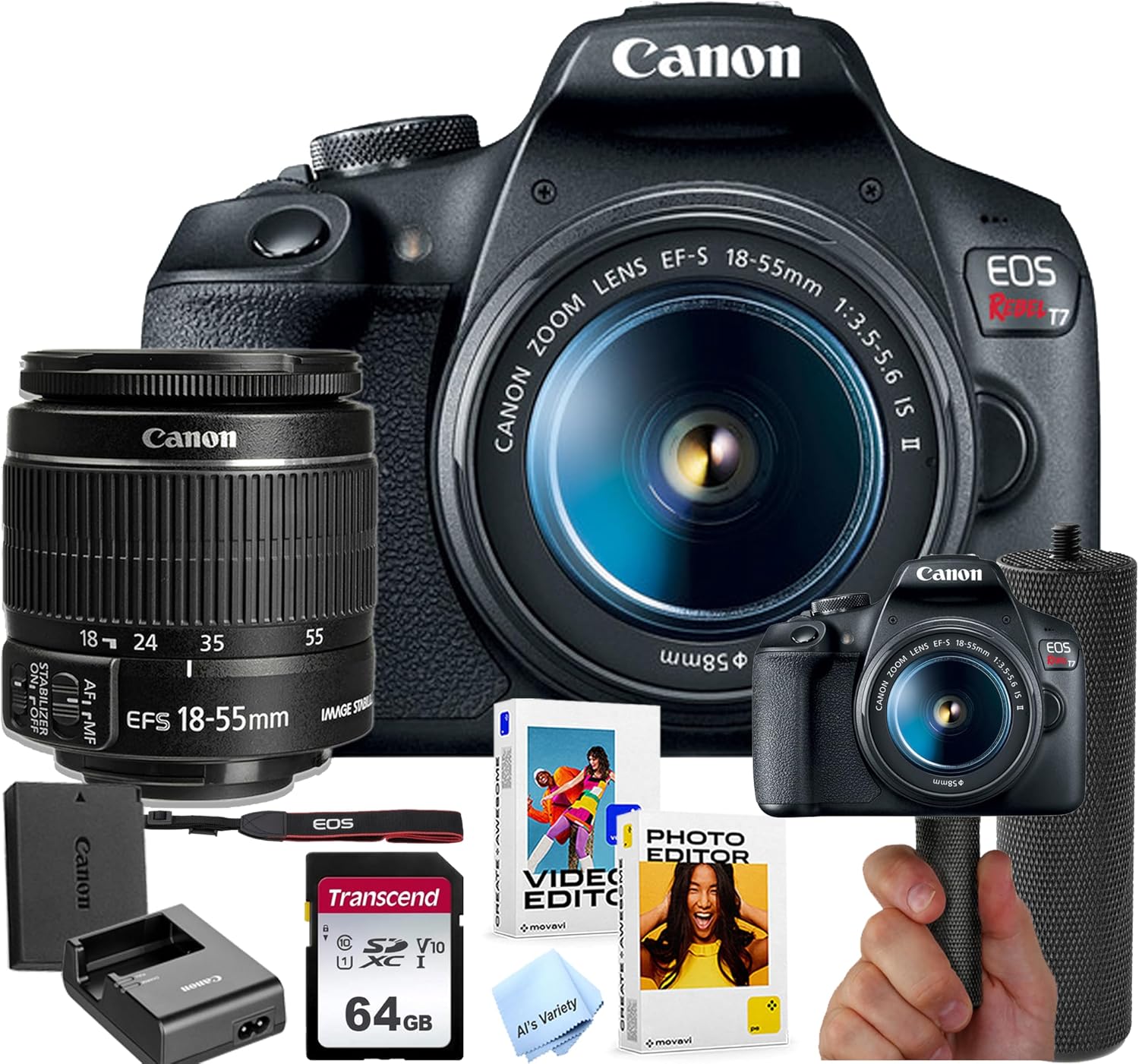 Canon EOS Rebel T7 DSLR Camera Bundle w/Canon EF-S 18-55mm f/3.5-5.6 is II Lens + 64GB Memory + Stabilizing Grip + Software Pack +More (Value Bundle) (Renewed)
