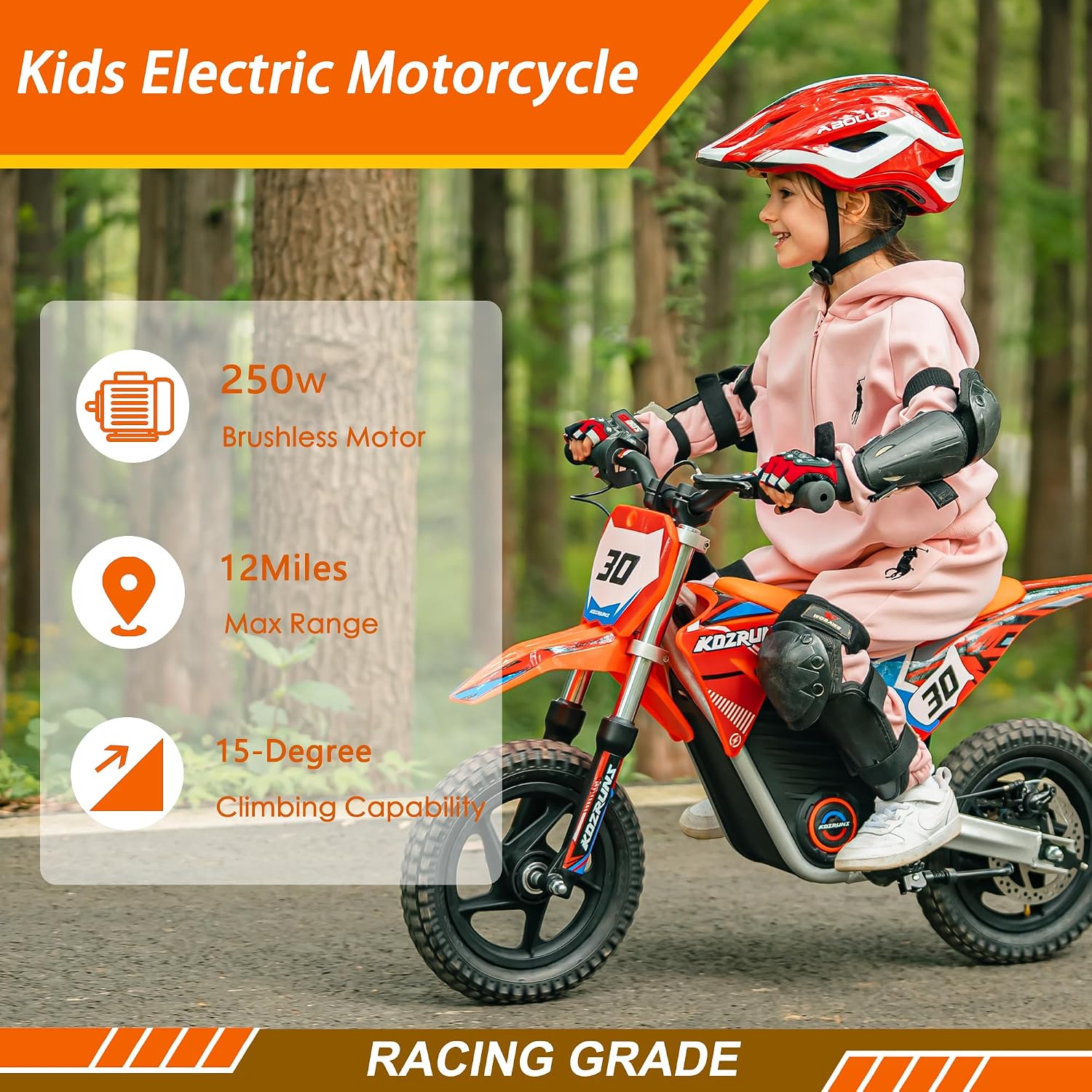 OLALA 36V Electric Dirt Bike for Kids 3-6, 250W Brushless Motor with 3-Speed Control, 15.5 MPH Max Speed, 12' Off-Road Tires Motorcycle, for Boys & Girls, Orange