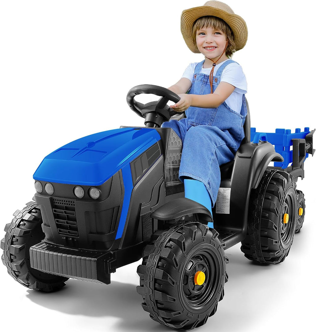 ELEMARA 24V 9AH Ride on Tractor with Easy Detachable Trailer, 24V Ride on Toys for Big Kids, 400W Electric Vehicles Ride On Tractor Car with Shovel, All-Terrain Capability, Music, Dark Blue