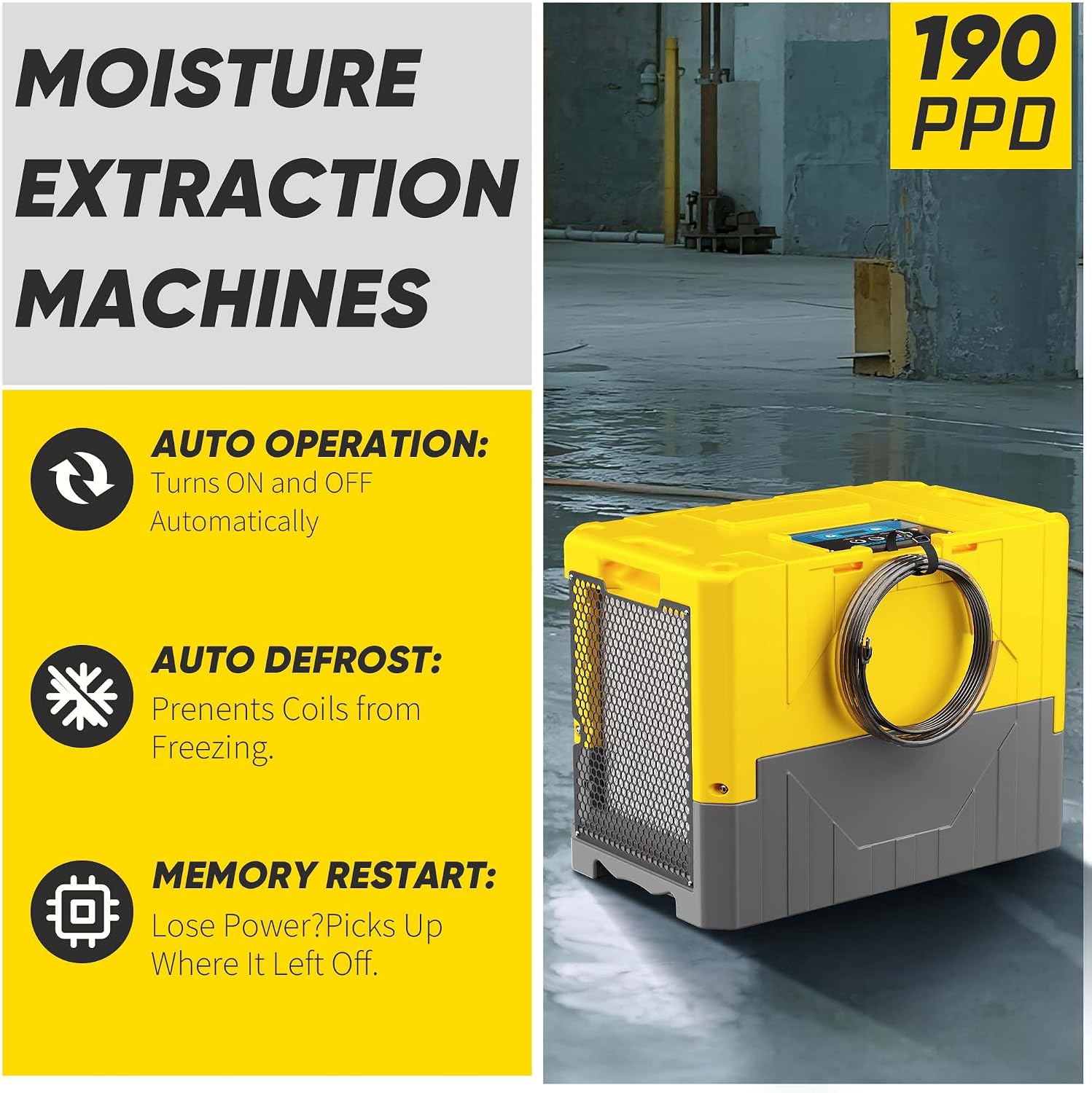 190Pints High Efficiency Commercial Dehumidifier for Basements-6000 Sq.Ft. Industrial Grade Dehumidifiers with Pump & Drain Hose for Crawl Spaces Water Damage Restoration-Yellow-1PC