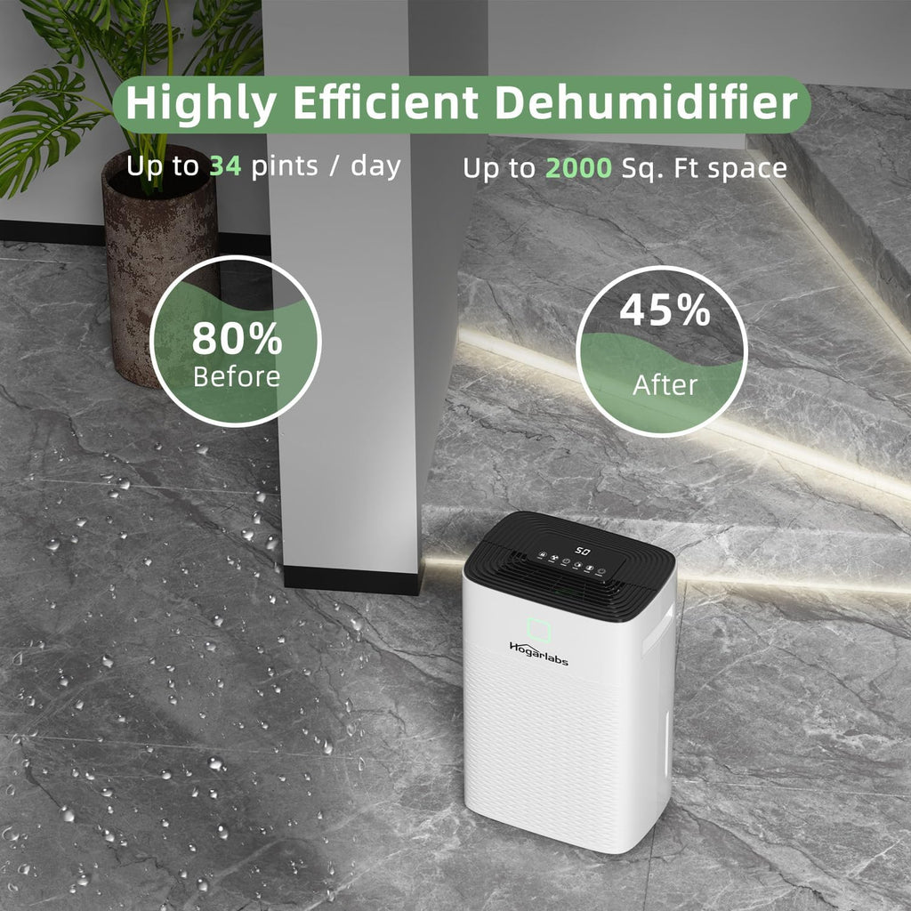 HOGARLABS 30 Pint Dehumidifier for Basement with Drain Hose, 24H Timer, 3 Modes, Auto Shut-off, Smart Humidity Control for Home Large Room Bedroom Bathroom