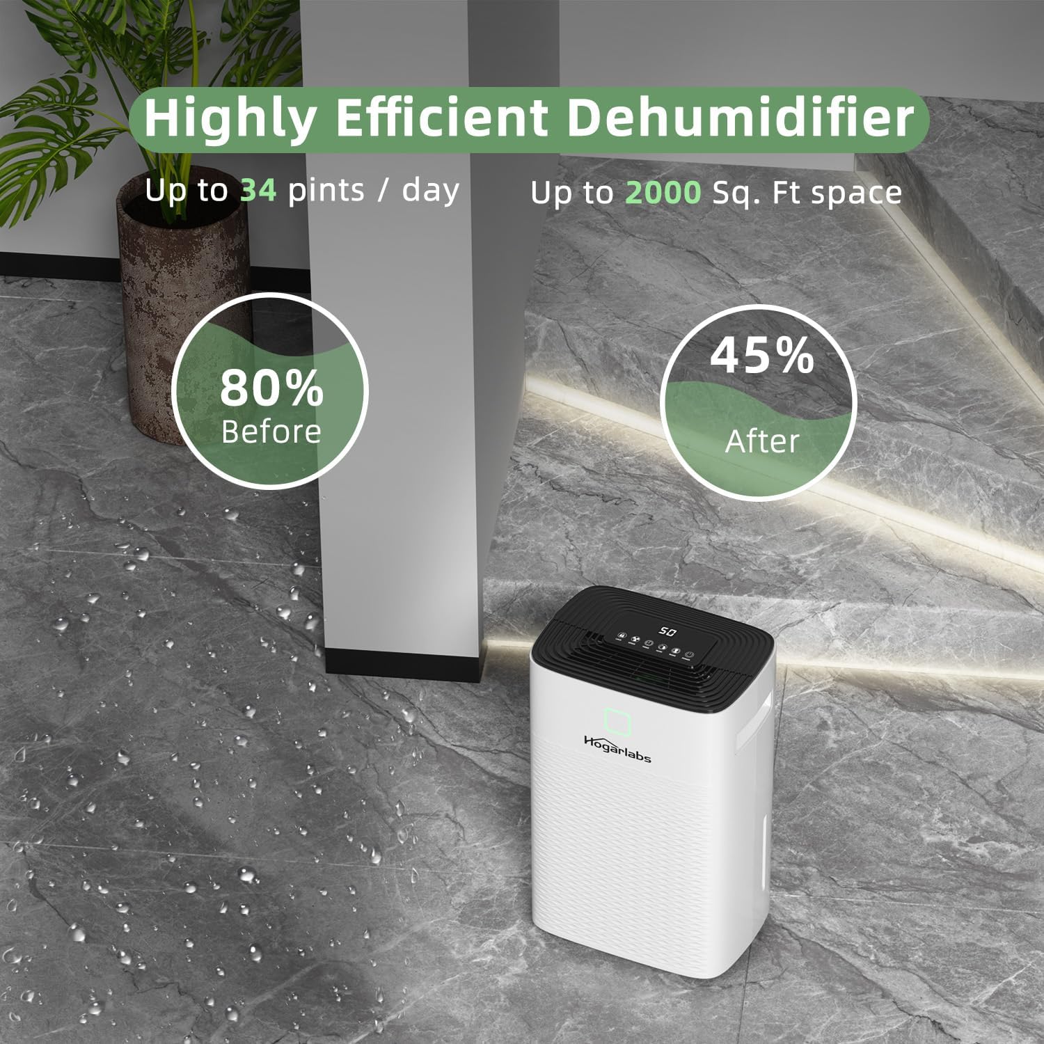 HOGARLABS 30 Pint Dehumidifier for Basement with Drain Hose, 24H Timer, 3 Modes, Auto Shut-off, Smart Humidity Control for Home Large Room Bedroom Bathroom