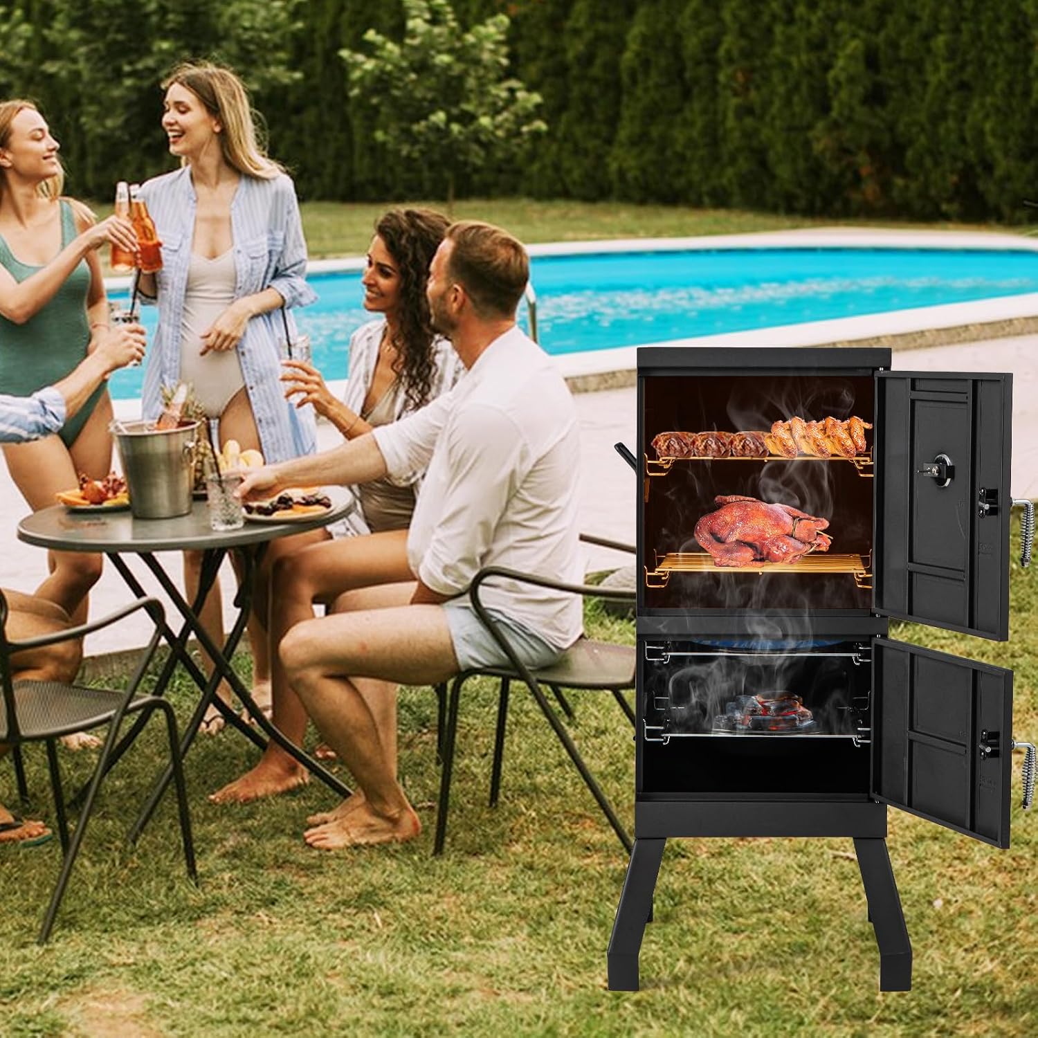 Giantex Outdoor Smoker with Double Doors, 2 Detachable Grill Netting Smoking Racks, Charcoal Pan & Water Pan, 4 Air Vents, Thermometer, Vertical Charcoal Smoker for Barbecue Camping Backyard Grill