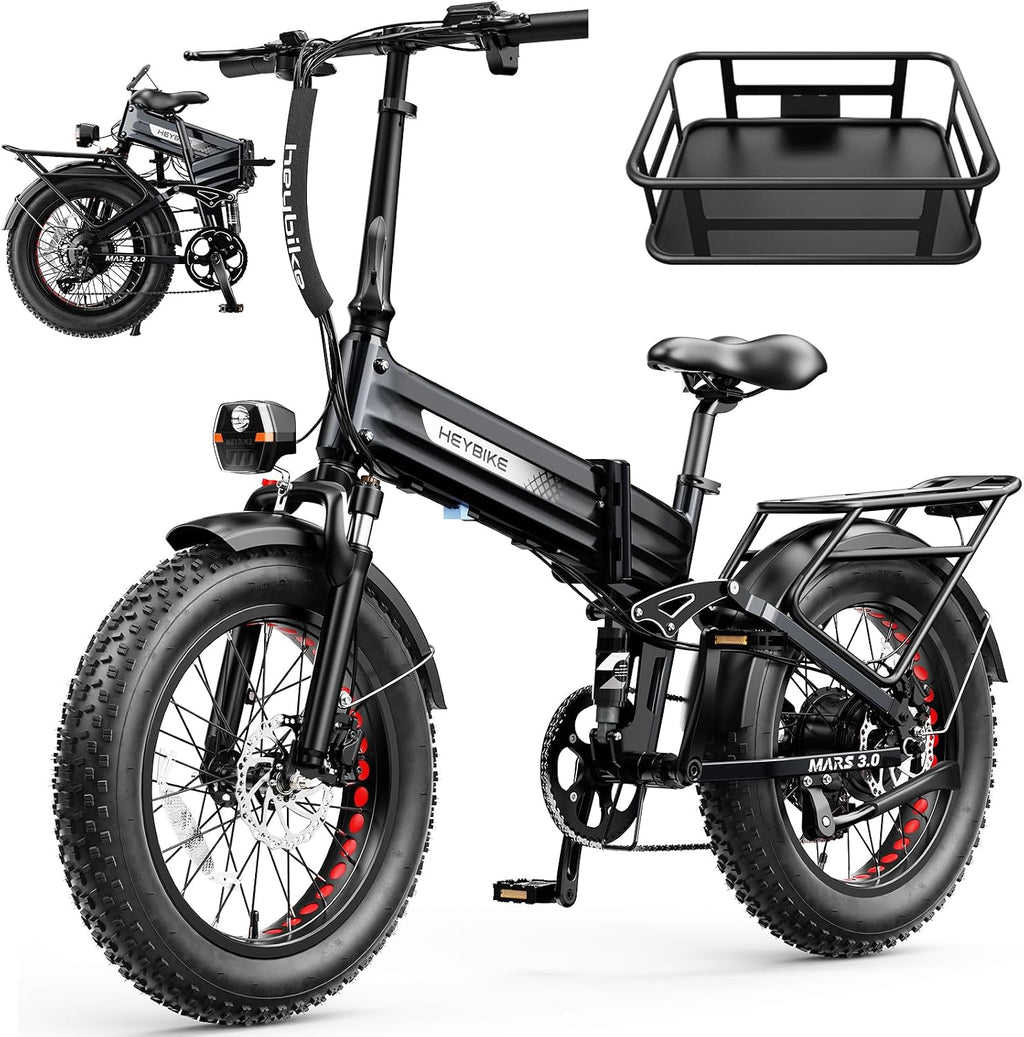 Heybike Mars 2.0/3.0 Foldable Electric Bike, UL2849 Certified, 70+Miles Long Range, 1400W/1800W Peak Motor 32MPH, 624WH Removable Battery, 20'*4 Fat Tire Ebike for Snow, Commute, Full Suspension