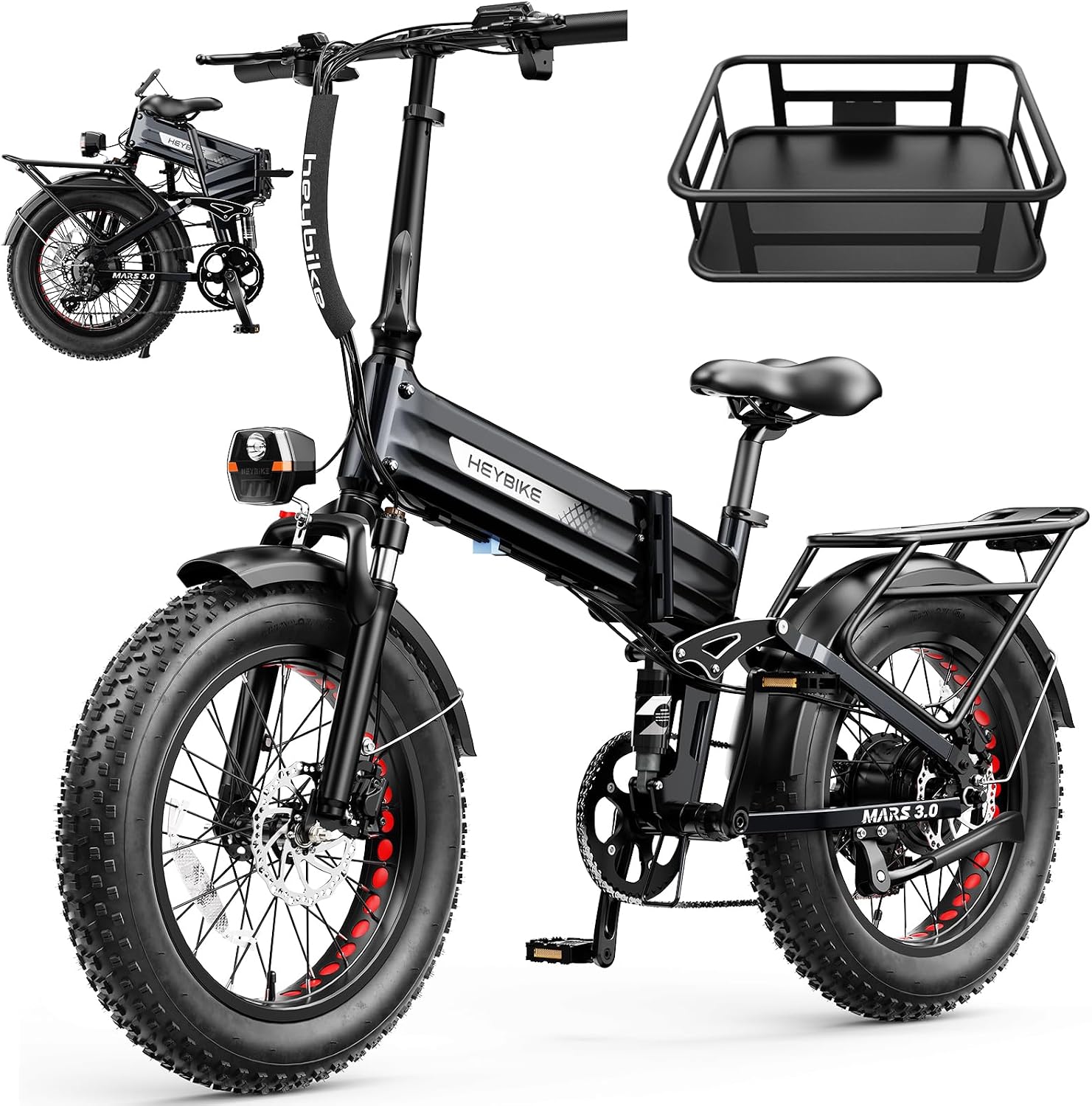 Heybike Mars 2.0/3.0 Foldable Electric Bike, UL2849 Certified, 70+Miles Long Range, 1400W/1800W Peak Motor 32MPH, 624WH Removable Battery, 20'*4 Fat Tire Ebike for Snow, Commute, Full Suspension