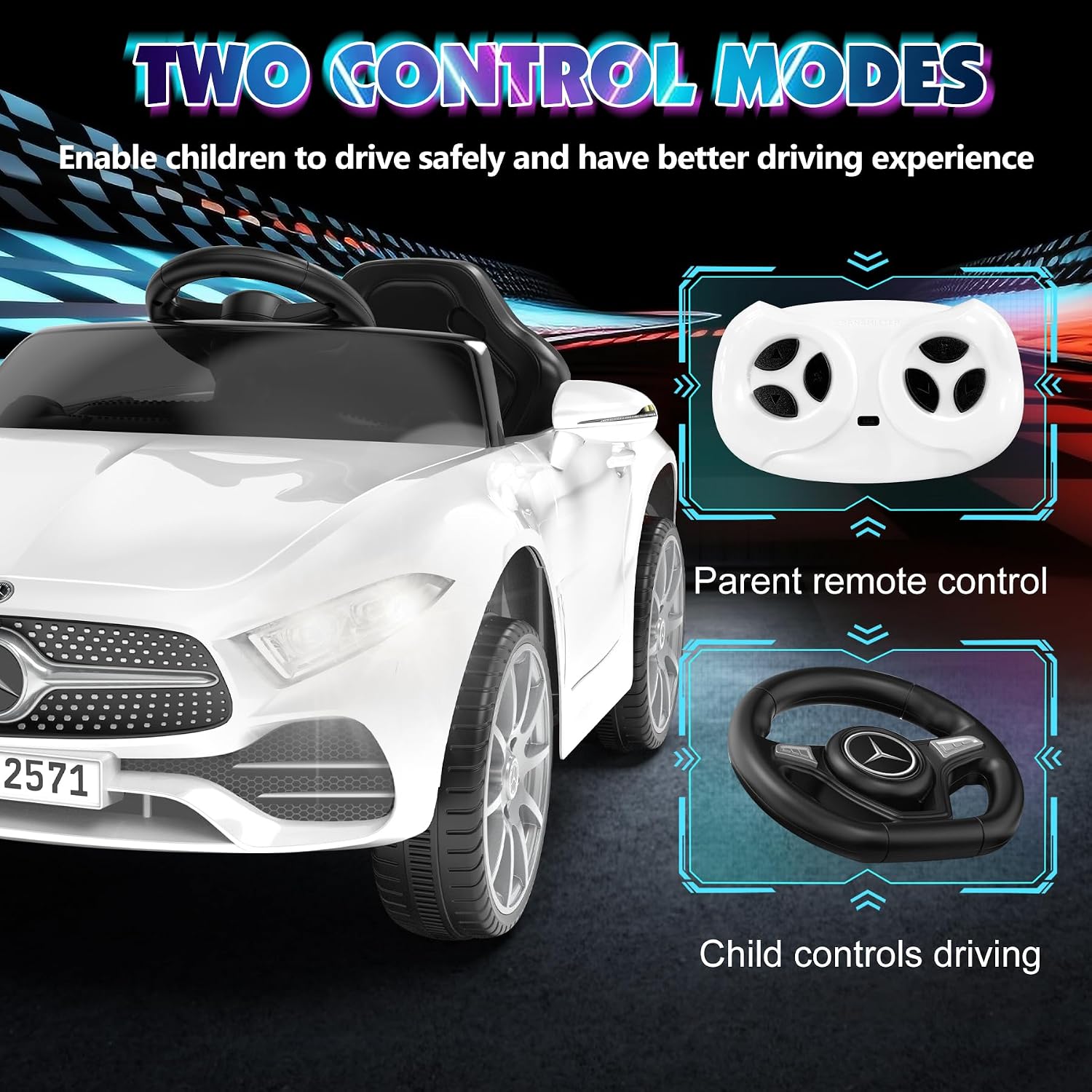12V Kids Ride On Car with 2.4G Remote Control,Battery Powered Electric Car Ride On Vehicle Double Doors, Safety Belt,LED Light (SC-White)