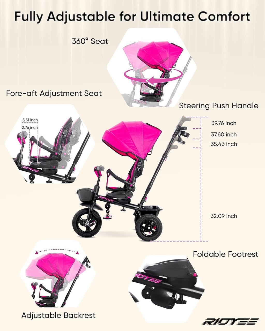 RIDYEE 7-in-1 Tricycle for 18 Months to 5 Years, All-Terrain Rubber Tires, Dual Wheel Brakes, Rotatable Seat for Toddlers 1.5-3, Tricycle for 3-5 Years with DIY Stickers, Pink