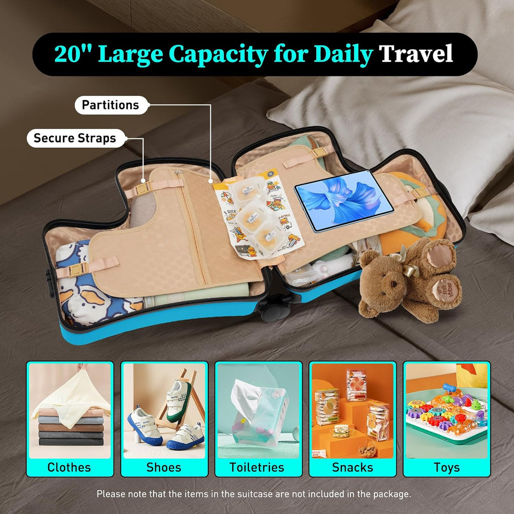 20' Ride on Suitcase for Kids, Carry on Trolley Suitcase with Double-row Universal Wheels Travel Riding Luggage with Password Lock/Safety Belt/Telescoping Handle, Blue