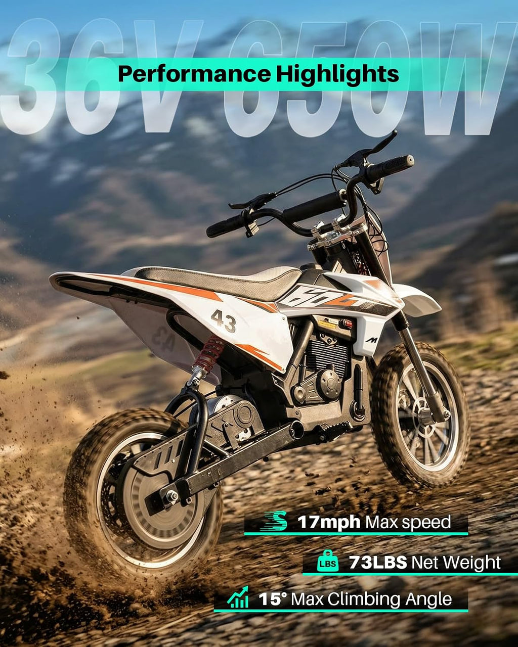 Blitzshark 36V 650W Kids Electric Dirt Bike Off-Road Motocross Ultra Powerful Motorcycle, with 17MPH MAX Speed, Rubber Tire, Twist Grip Throttle, Dual Suspension & Brakes, Leather Seat, SRK-MC20 Pro
