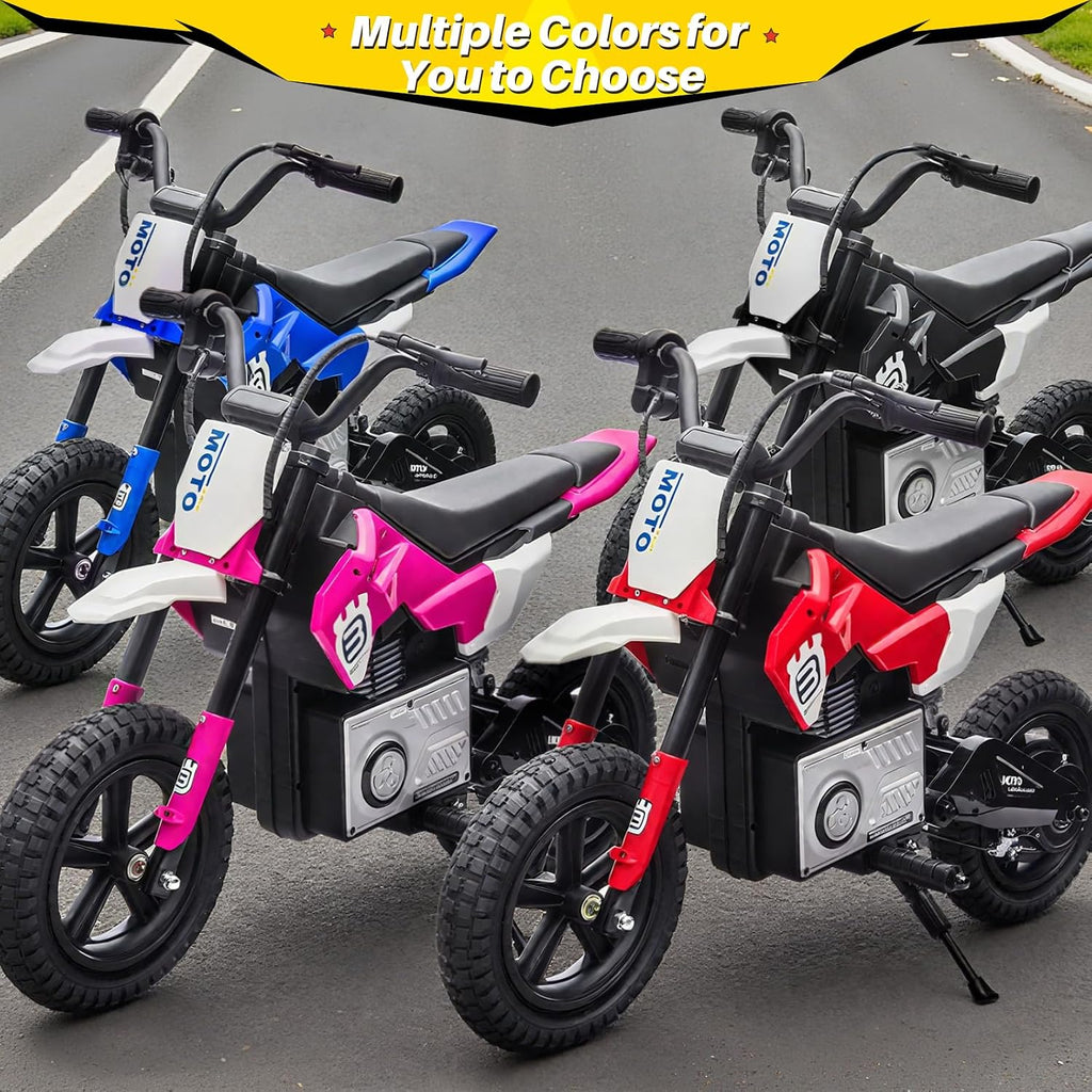 Blitzshark 24V Electric Dirt Bike for Kids，200W Motor Electric Motorcycle Aged 5-12, Electric Motorbike for Kids, Adjustable Speed, LED Breath lamp,Bluetooth,Music,Horn,Speeds 3-9MPH, Red