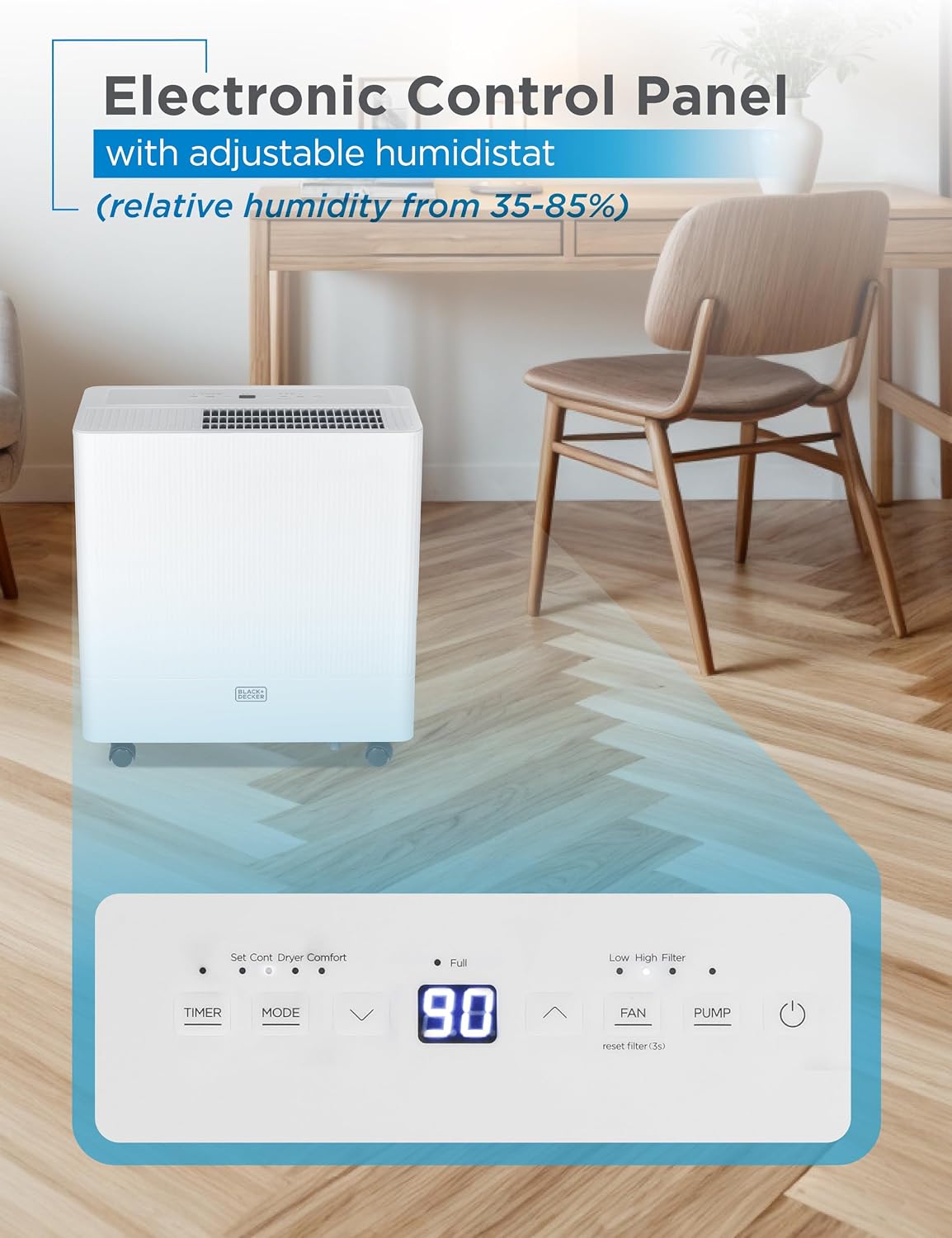 BLACK+DECKER 50-Pint Portable Dehumidifier with Built-in Pump, Dehumidifier with Pump for up to 4500 Sq. Ft., For Home and Large Spaces, Removable Bucket and Drain Hoses Included, BD50PMWSA, White