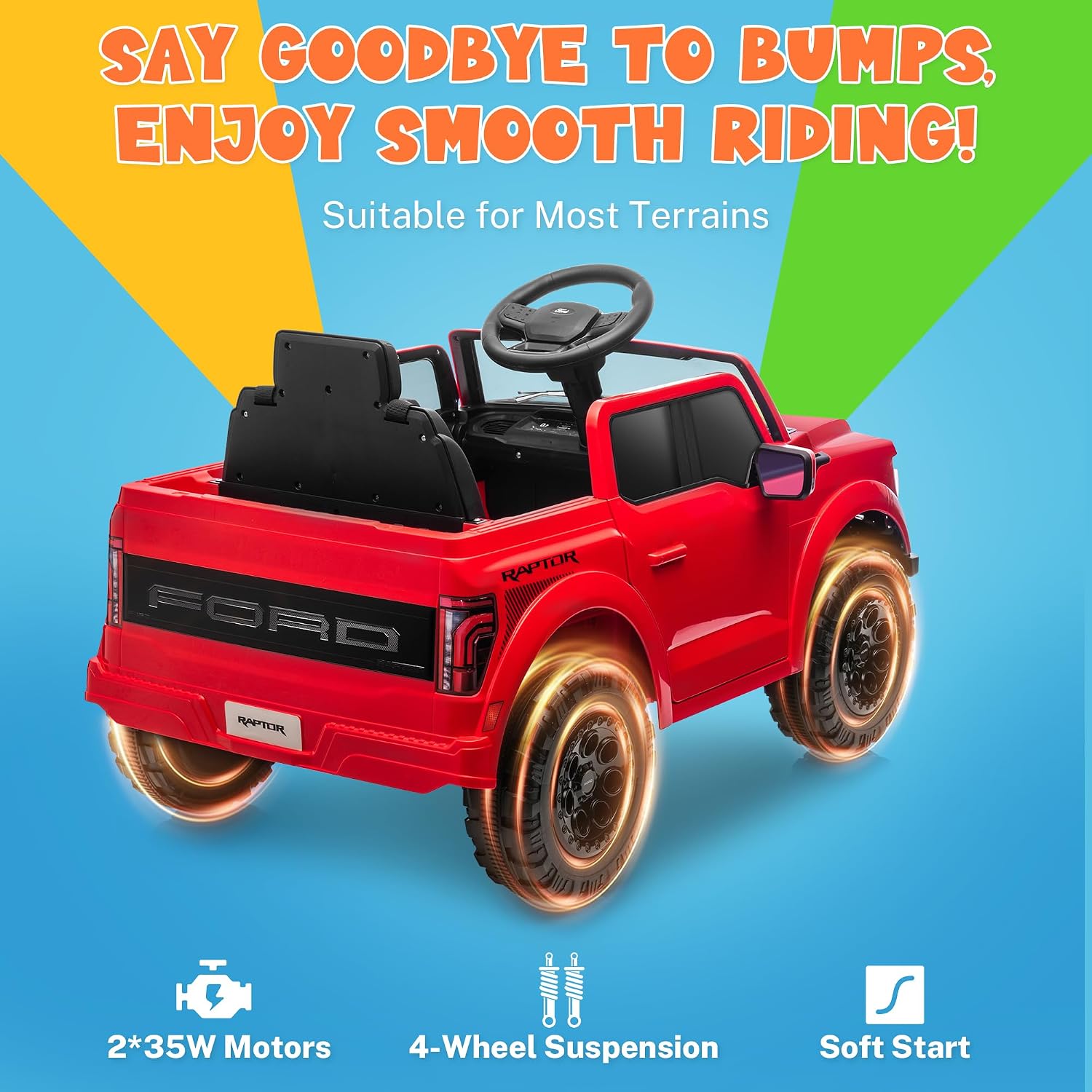 ENYOPRO 12V Licensed Ford Raptor Kids Ride On Truck, Electric Toy Car for Children w/Parent Remote Control, LED Lights, Bluetooth, Battery-Powered Ride On Car for Boys & Girls Ages 3 and Up, Red