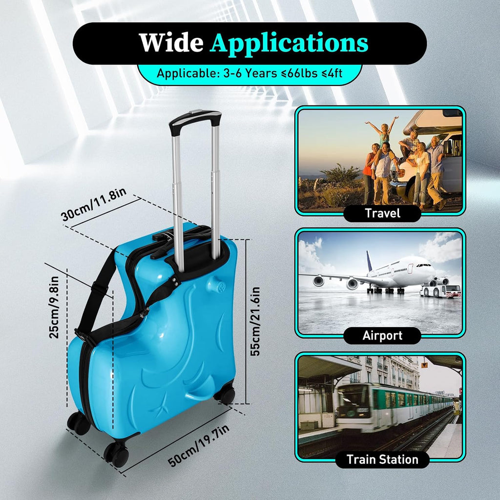 CNCEST 20'/24' Kid's Ride-on Travel Suitcase,Travel Rolling Luggage with Wheels Carry Trolley Luggage with Password Lock,Children's Ride On (20' Blue)