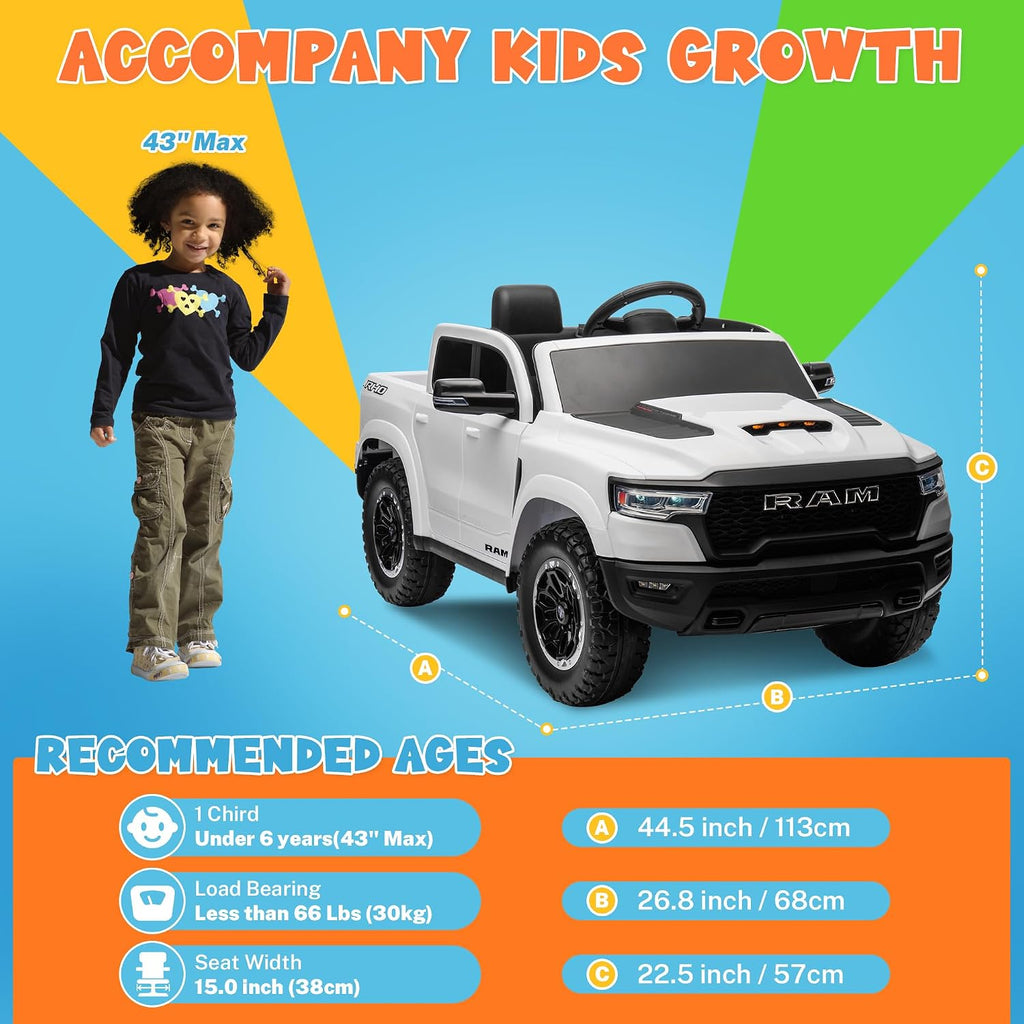 ENYOPRO 12V Licensed Ram 1500 RHO Ride on Toys for Kids, Toddlers Ride on Car w/Remote Control, Kids Electric Car w/4-Wheel Suspension, Soft Start, LED Lights, BT/USB/AUX, Truck Bed Storage, White