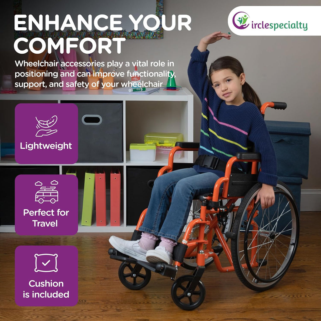 Ziggo 12' Seat Width Pediatric Wheelchair for Kids & Children, Lightweight, Manual Folding Wheelchair w/Safety Belt, Swing-Away Foot Support w/Straps, Desk Length Arm Rests, Free Cushion Accessory