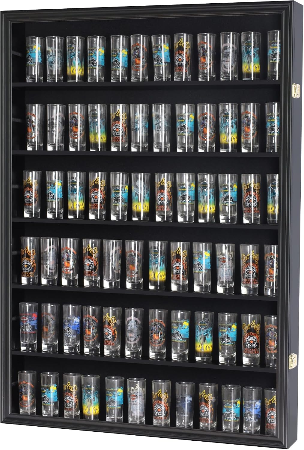 144 Shot Glass Shooter Display Case, Glass Collection Hollder Wall Mount Cabinet, UV Protection, Removable Shelves, Black Finish