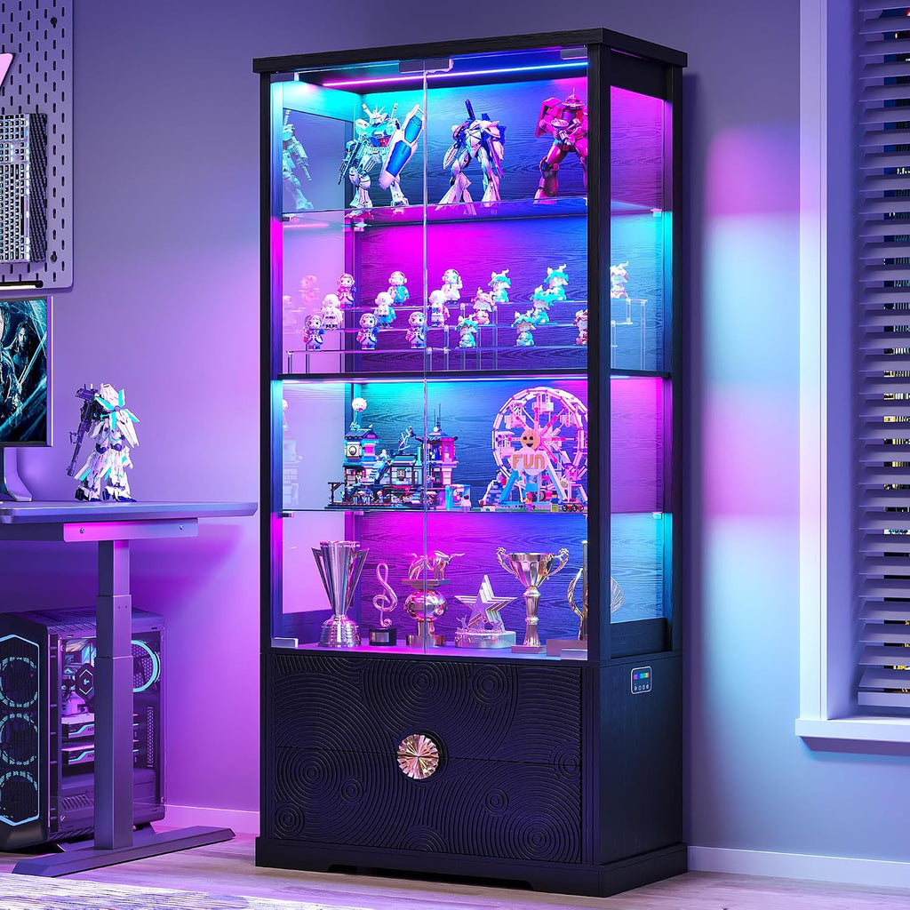 TAGELIER RGB Glass Display Cabinet with Door, 4-Tier Curio Cabinet with 2 Drawers and Adjustable Glass Height Showcase, Display Case with 3 LED Light and Human Body Sensor, Black