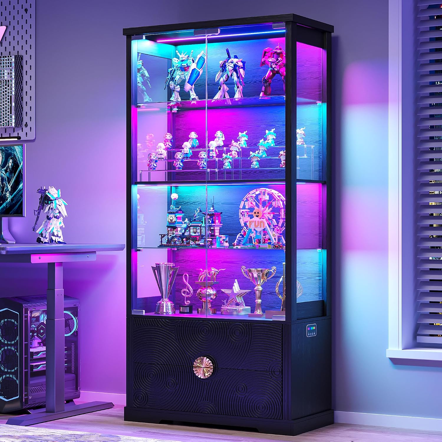 TAGELIER RGB Glass Display Cabinet with Door, 4-Tier Curio Cabinet with 2 Drawers and Adjustable Glass Height Showcase, Display Case with 3 LED Light and Human Body Sensor, Black