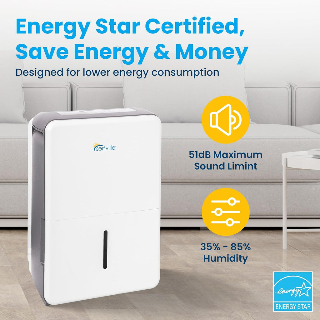 Senville 35 Pint Dehumidifier (Previously 50 Pint), Energy Star Certified, Washable Filter, Ideal for Basements, Medium & Large Sized Rooms, Up to 3,000 Sq. Ft., White