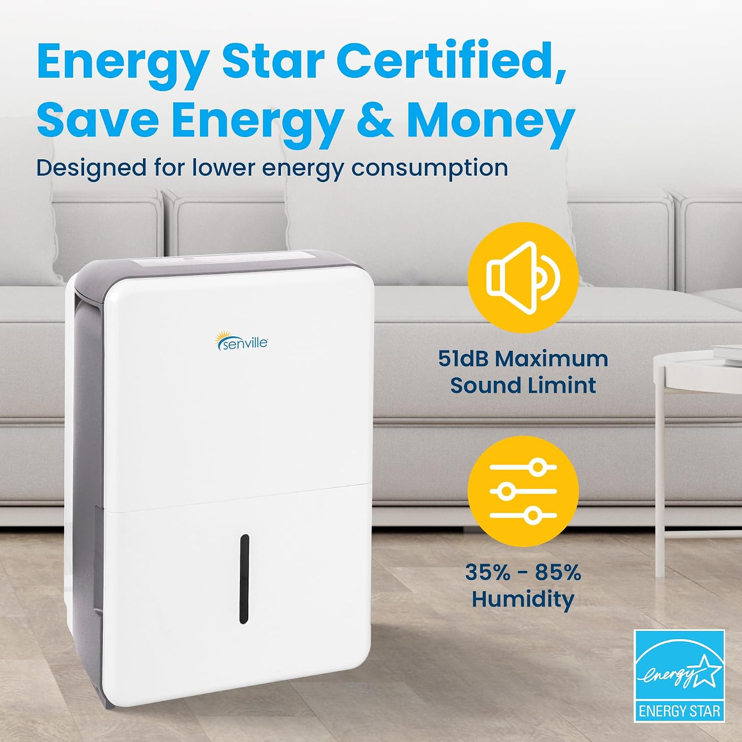 Senville 35 Pint Dehumidifier (Previously 50 Pint), Energy Star Certified, Washable Filter, Ideal for Basements, Medium & Large Sized Rooms, Up to 3,000 Sq. Ft., White
