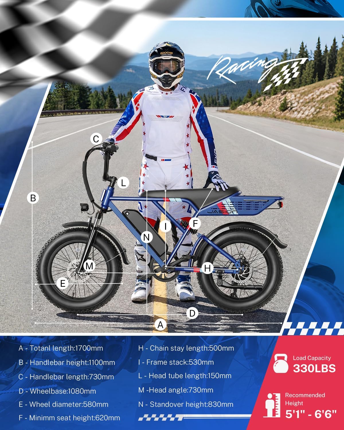 Jasion RetroVolt Electric Bike for Adults, 2000W Peak Motor- 30MPH Electric Dirt Bike, 48V 13AH Battery Mountain EBike, Max 70Miles Electric Motorcycle, 20'' X 4'' Fat Tire All-Terrain E-Bike