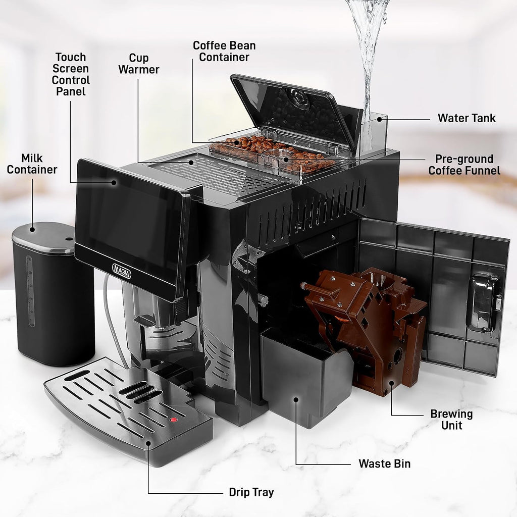 Zulay Kitchen Magia Ultra LUX Super Automatic Espresso Machine, Bean-to-Cup Coffee Maker with Built-In Grinder, Automatic Milk System, 19 One-Touch Specialty Drinks, Touchscreen, Black