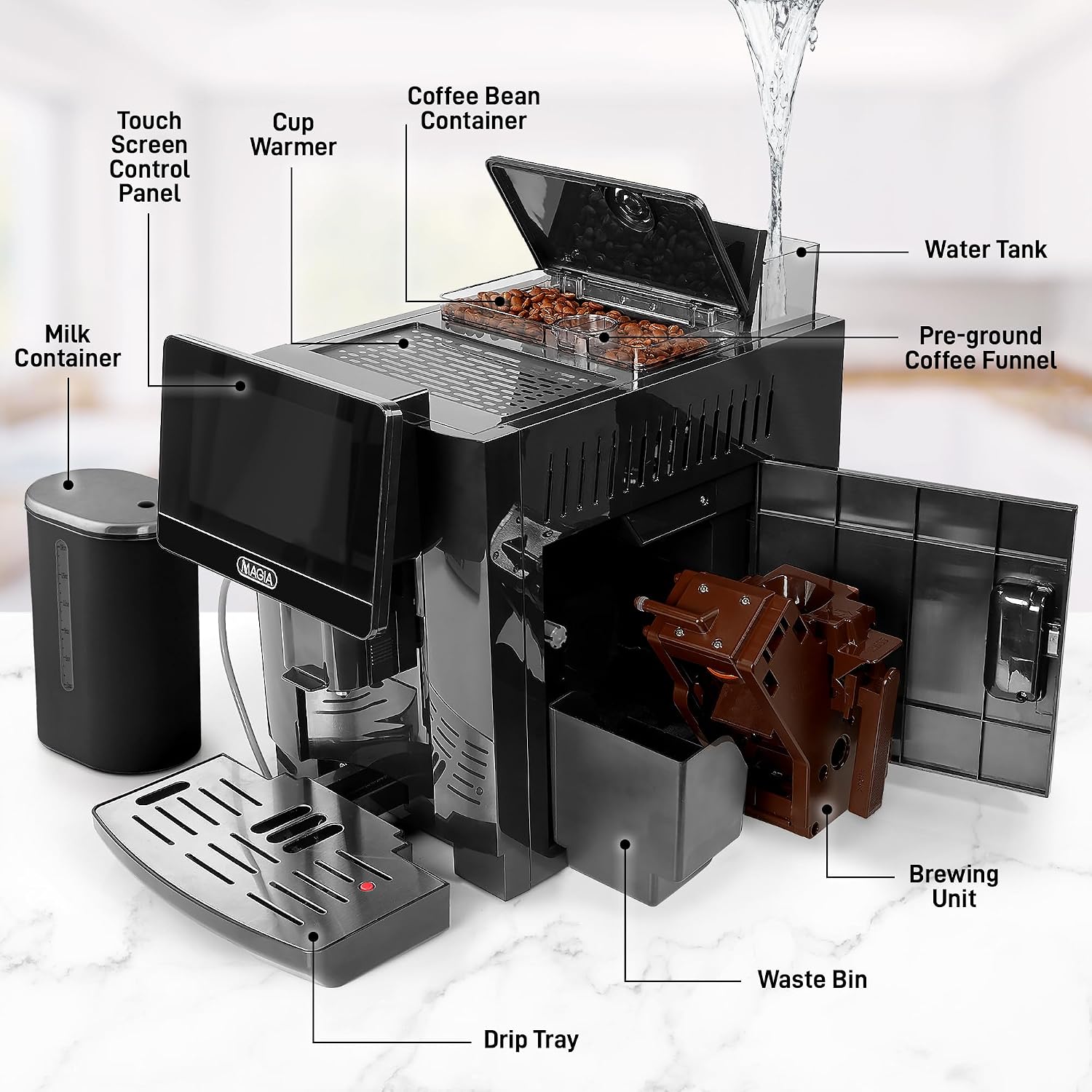 Zulay Kitchen Magia Ultra LUX Super Automatic Espresso Machine, Bean-to-Cup Coffee Maker with Built-In Grinder, Automatic Milk System, 19 One-Touch Specialty Drinks, Touchscreen, Black