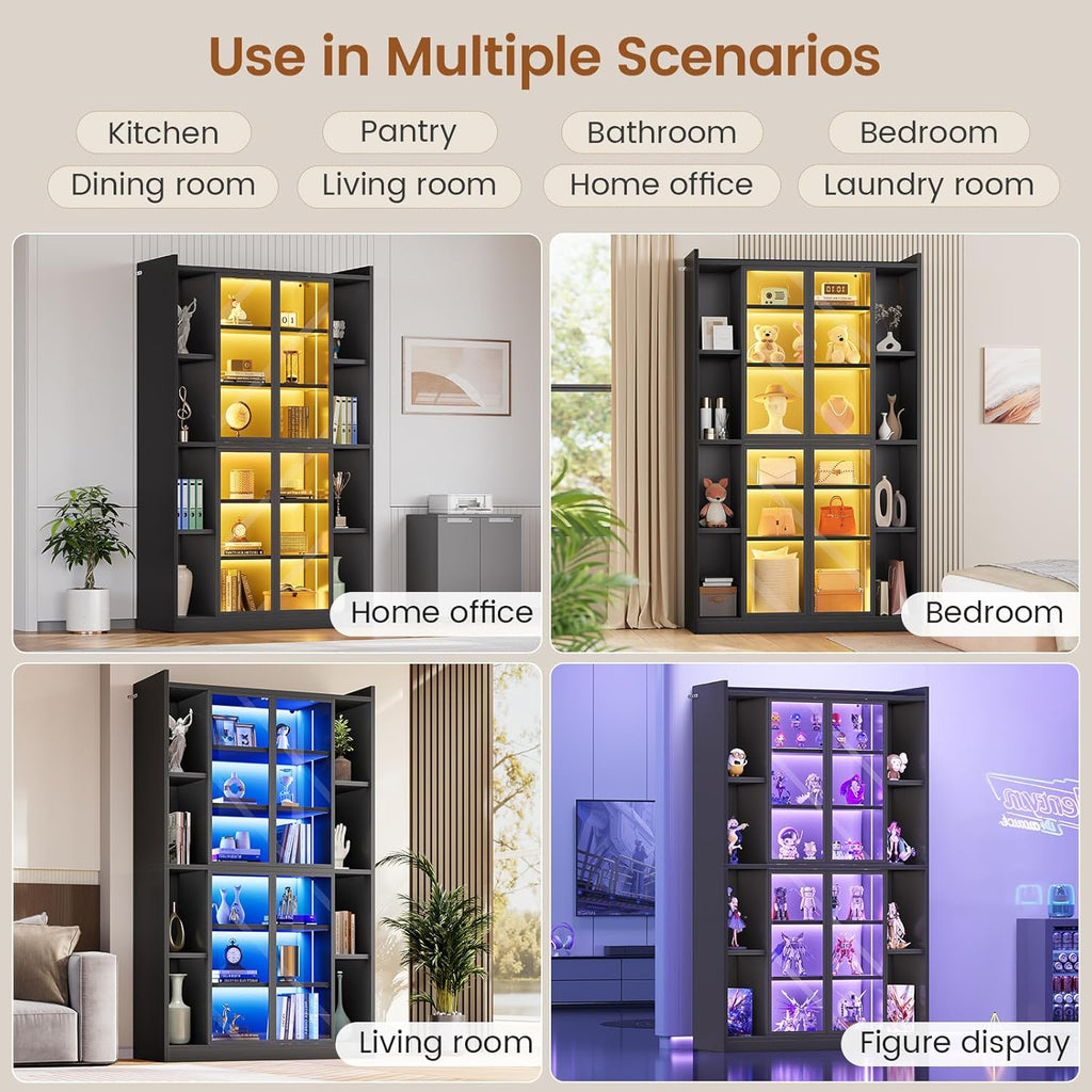 SEDETA 71' Display Cabinet with Acrylic Glass Doors, 6 Tier Display Cases for Collectibles, Curio Cabinet with LED Lights, Tall Bookcase with Adjustable Shelves, Black