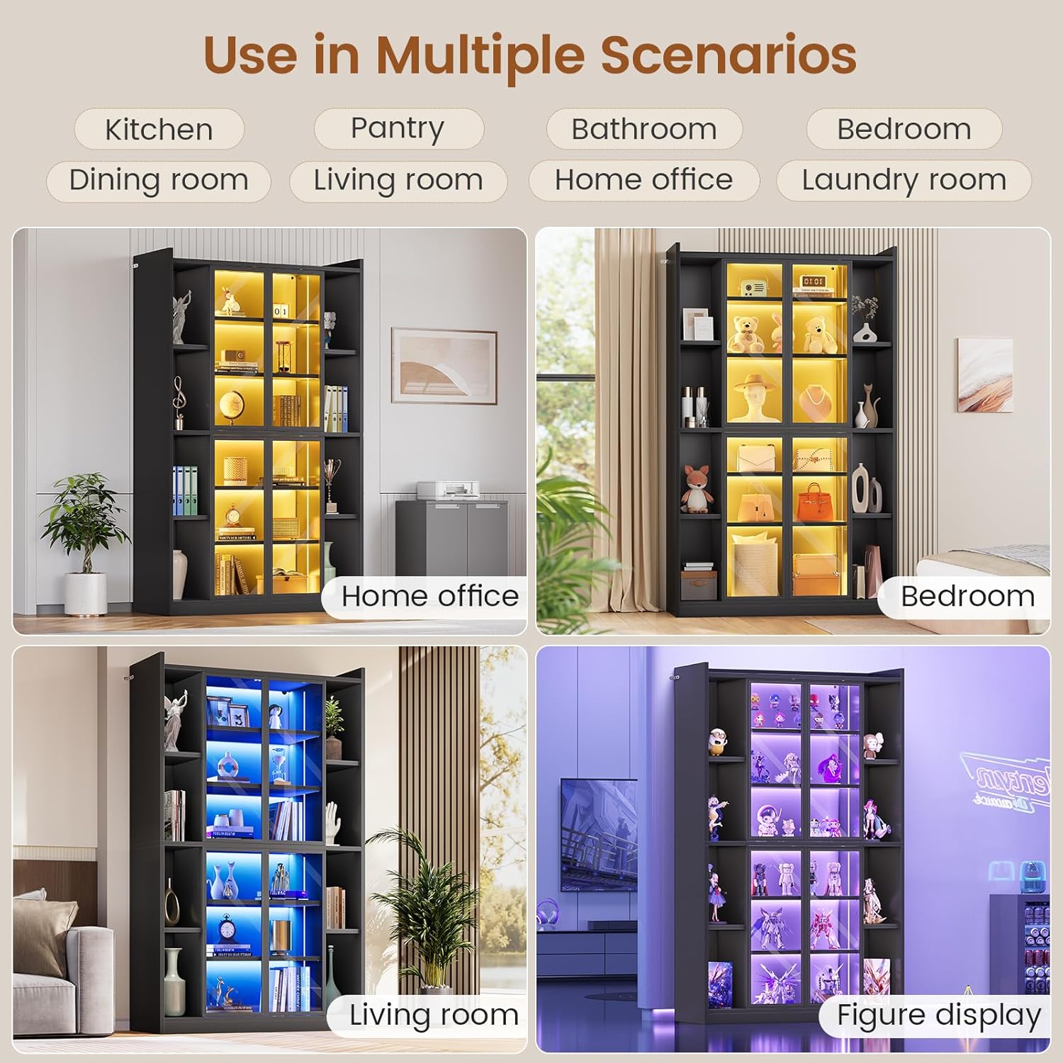 SEDETA 71' Display Cabinet with Acrylic Glass Doors, 6 Tier Display Cases for Collectibles, Curio Cabinet with LED Lights, Tall Bookcase with Adjustable Shelves, Black