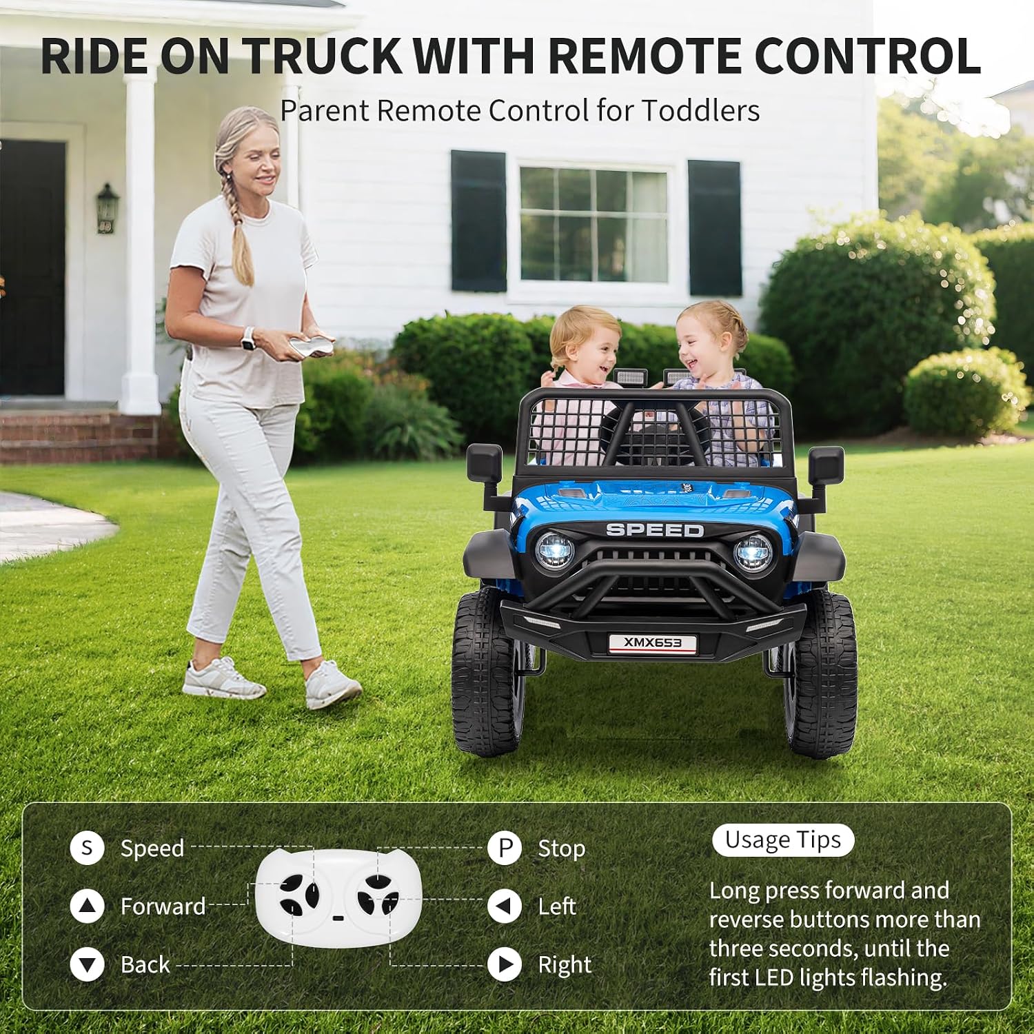 12V Kids Ride on Car Truck, Kids Electric Vehicles Car Ride on Toy Extra Wide Seat and Legroom for Toddlers with Remote Control, 3 Speeds, LED Light, Music, USB for Children 3-6 Years, Blue
