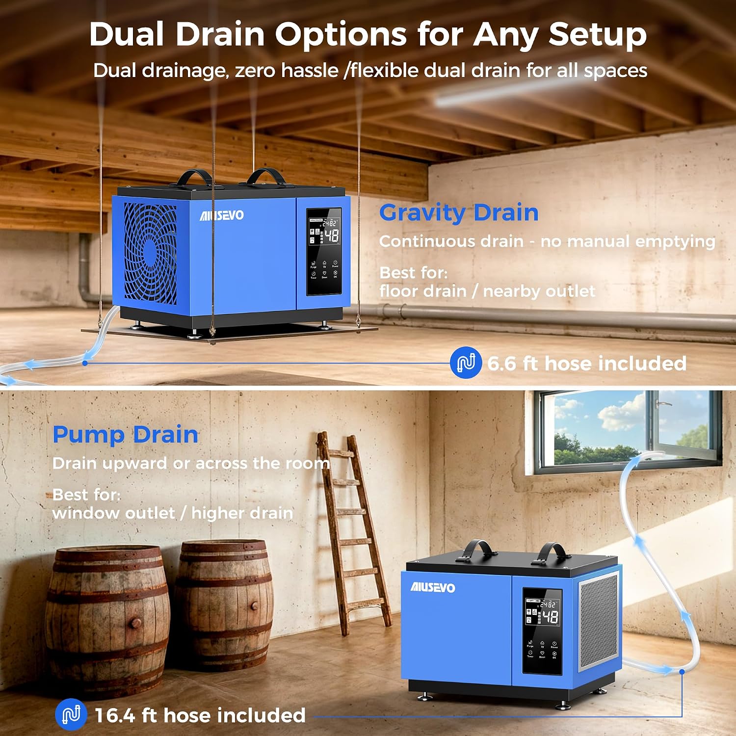 75 Pints Crawl Space Dehumidifier with Pump and Drain Hose, Commercial Dehumidifier for Basement up to 5,200 Sq. Ft for Water Damage, Attic, Garage, Industrial, Auto Defrost, Humidity Control