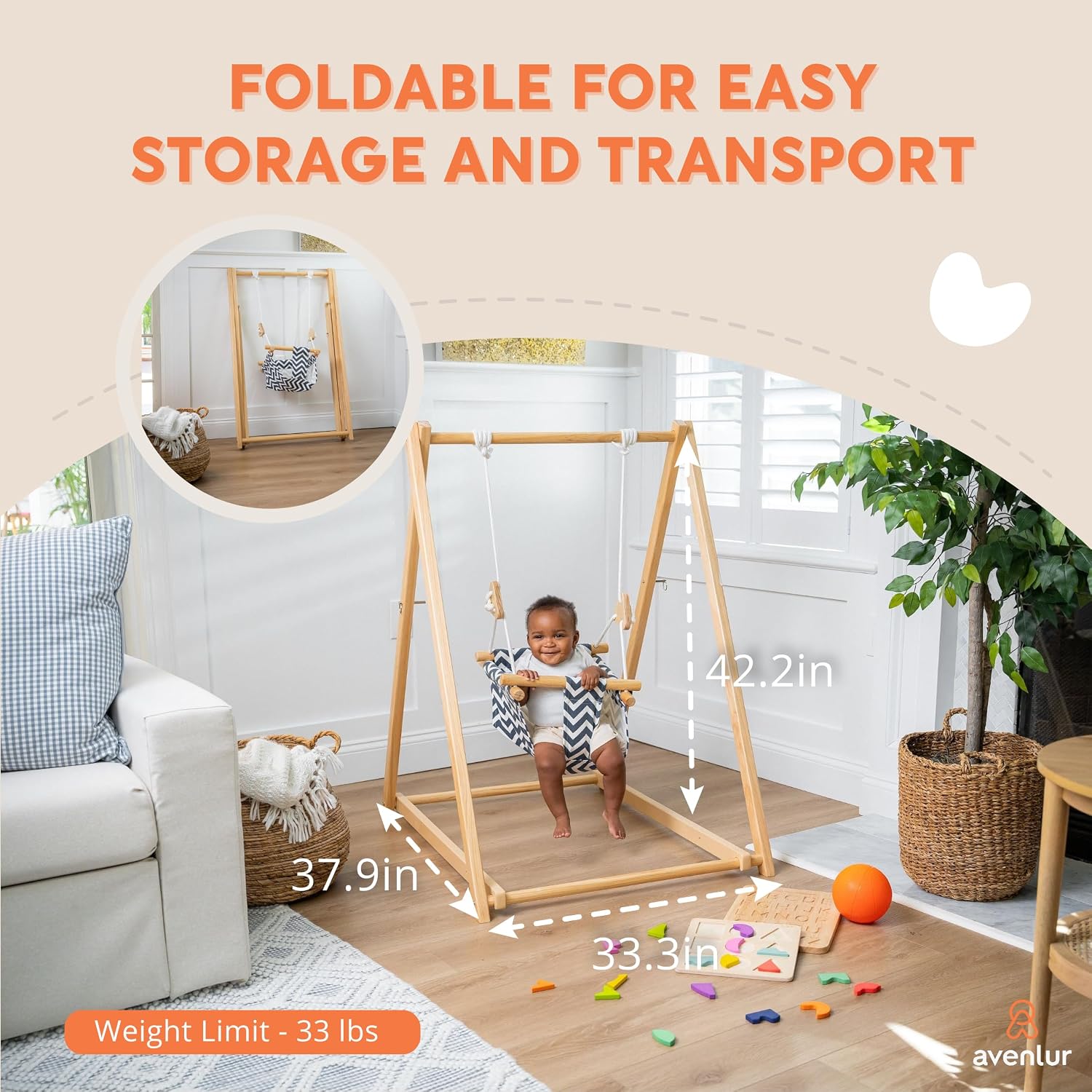 Avenlur Spruce Baby and Toddler Foldable Swing Set with Stand - Premium Montessori, Waldorf Style Self-Standing Indoor Swingset for Children 6m to 3 Yrs - Perfect for Home, Child Day Care, & Preschool